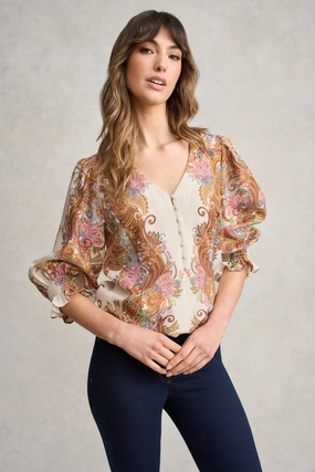 Grid Back Panel Paisley Border Print Blouse - Cream Paisley Border