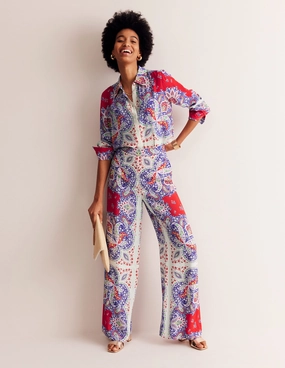 Palazzo Fluid Crepe Trousers-Rubicondo, Ornate Paisley Weekend Adventure ExpandableSidePanels