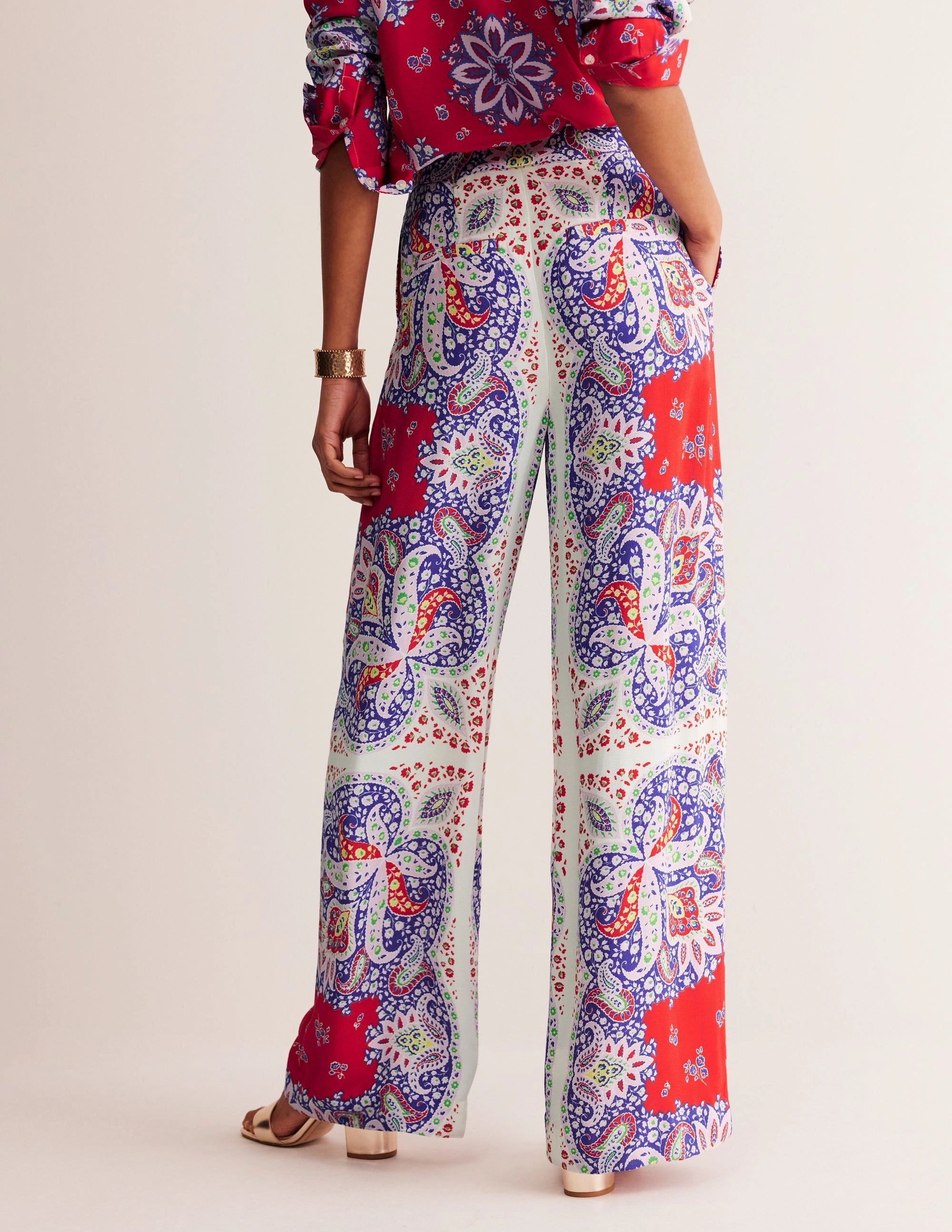 Easy Layer Quick Dry Wear Palazzo Fluid Crepe Trousers-Rubicondo, Ornate Paisley
