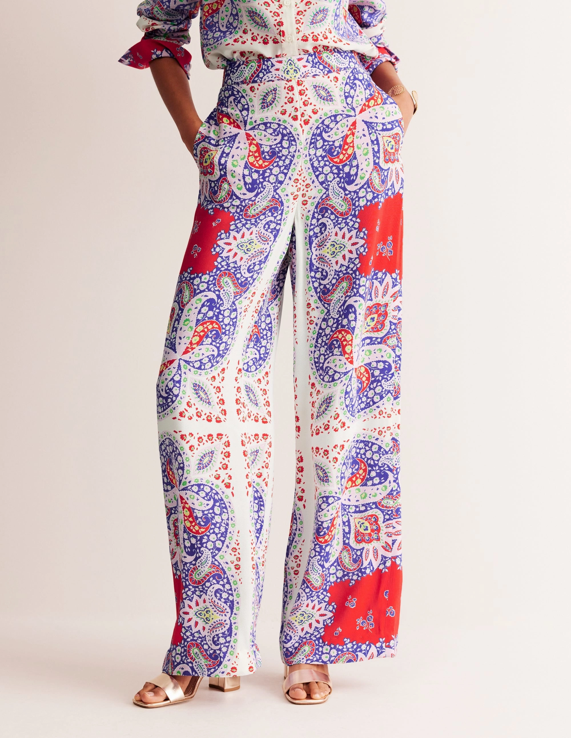 Palazzo Fluid Crepe Trousers-Rubicondo, Ornate Paisley Adjustable Belt Loops
