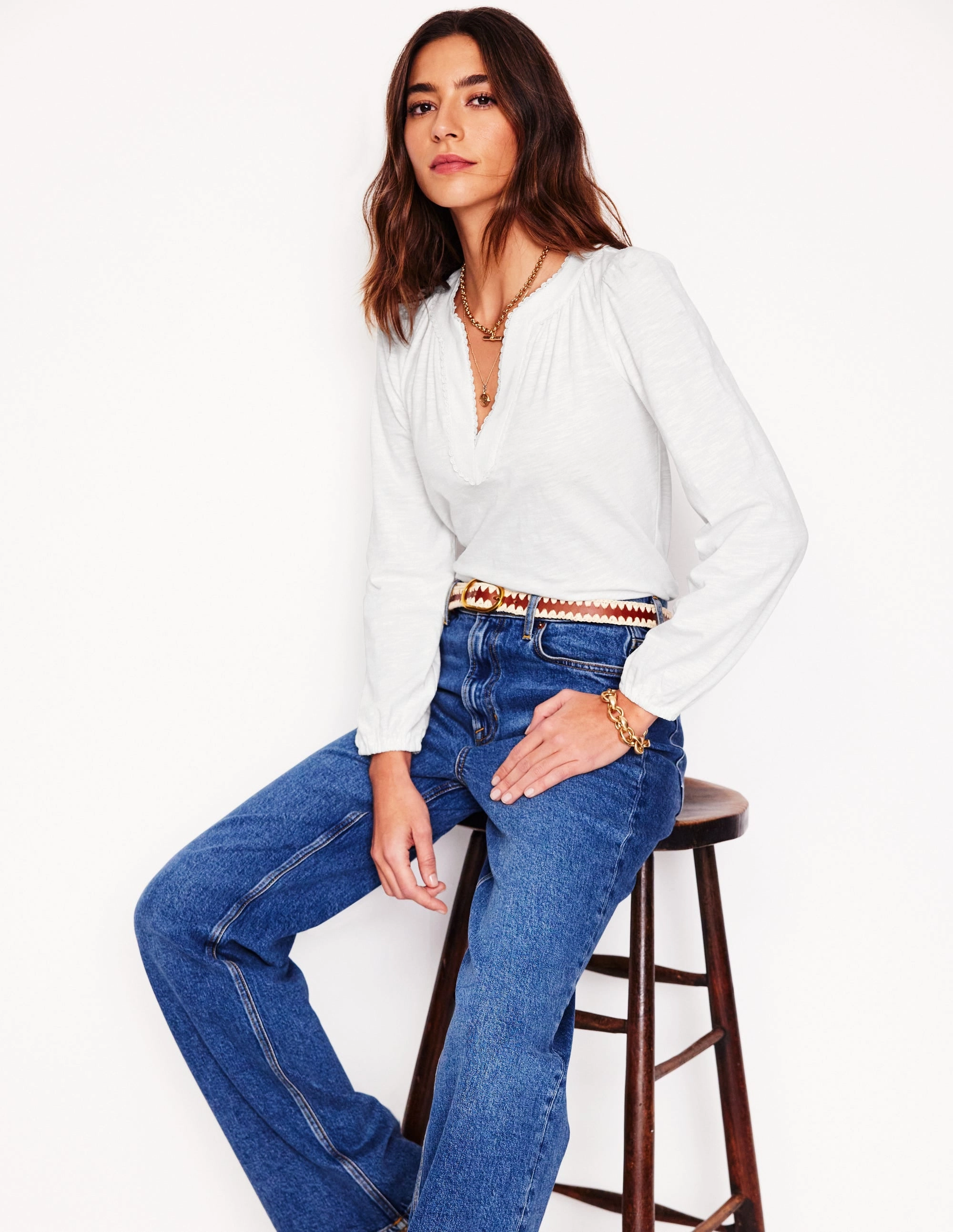 Tagless Comfort Ava Long Sleeve Trim Top-White