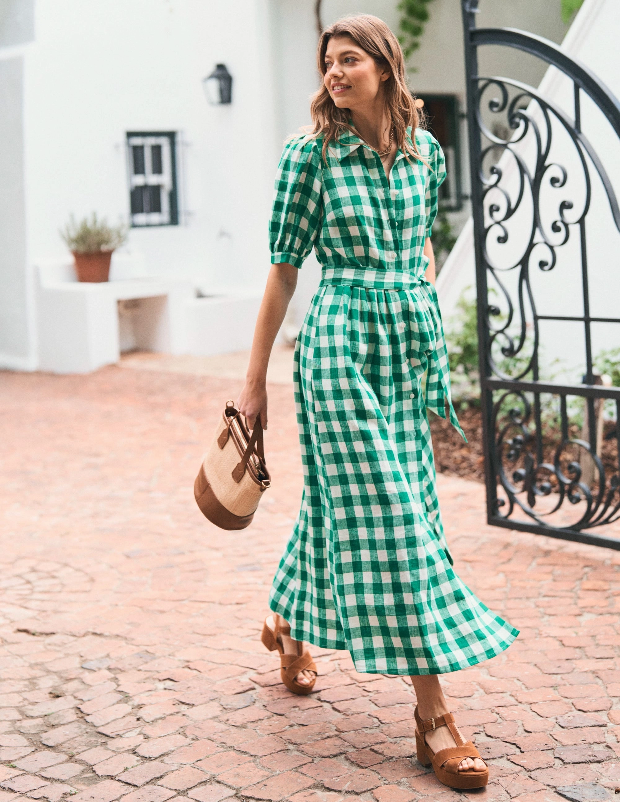 Smart Look Alexa Linen Maxi Shirt Dress-Rich Emerald Gingham