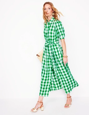Maternity-Fit Rhinestone-Detail Alexa Linen Maxi Shirt Dress-Rich Emerald Gingham