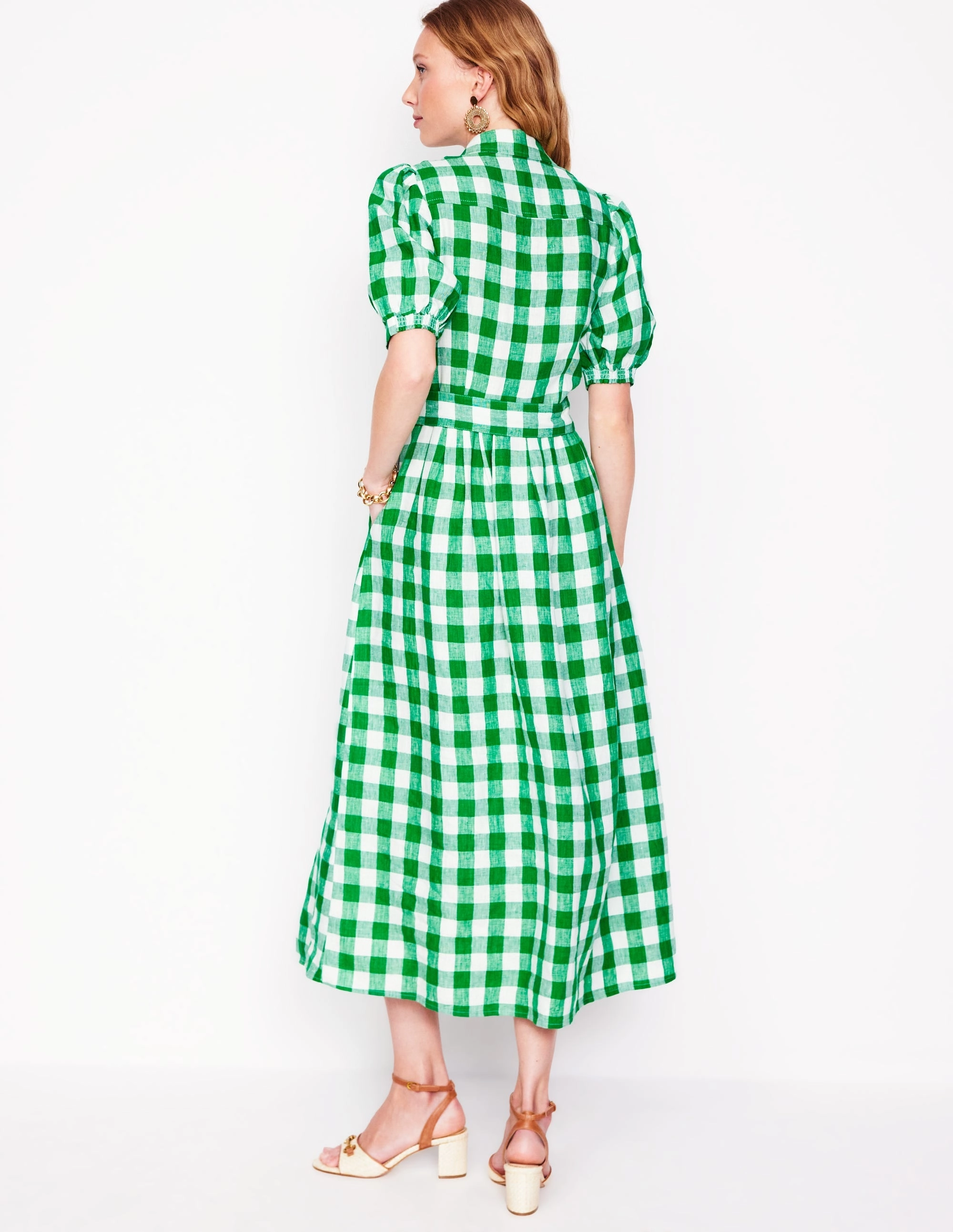 Alexa Linen Maxi Shirt Dress-Rich Emerald Gingham Fitted Mood Velvet-Sleeve