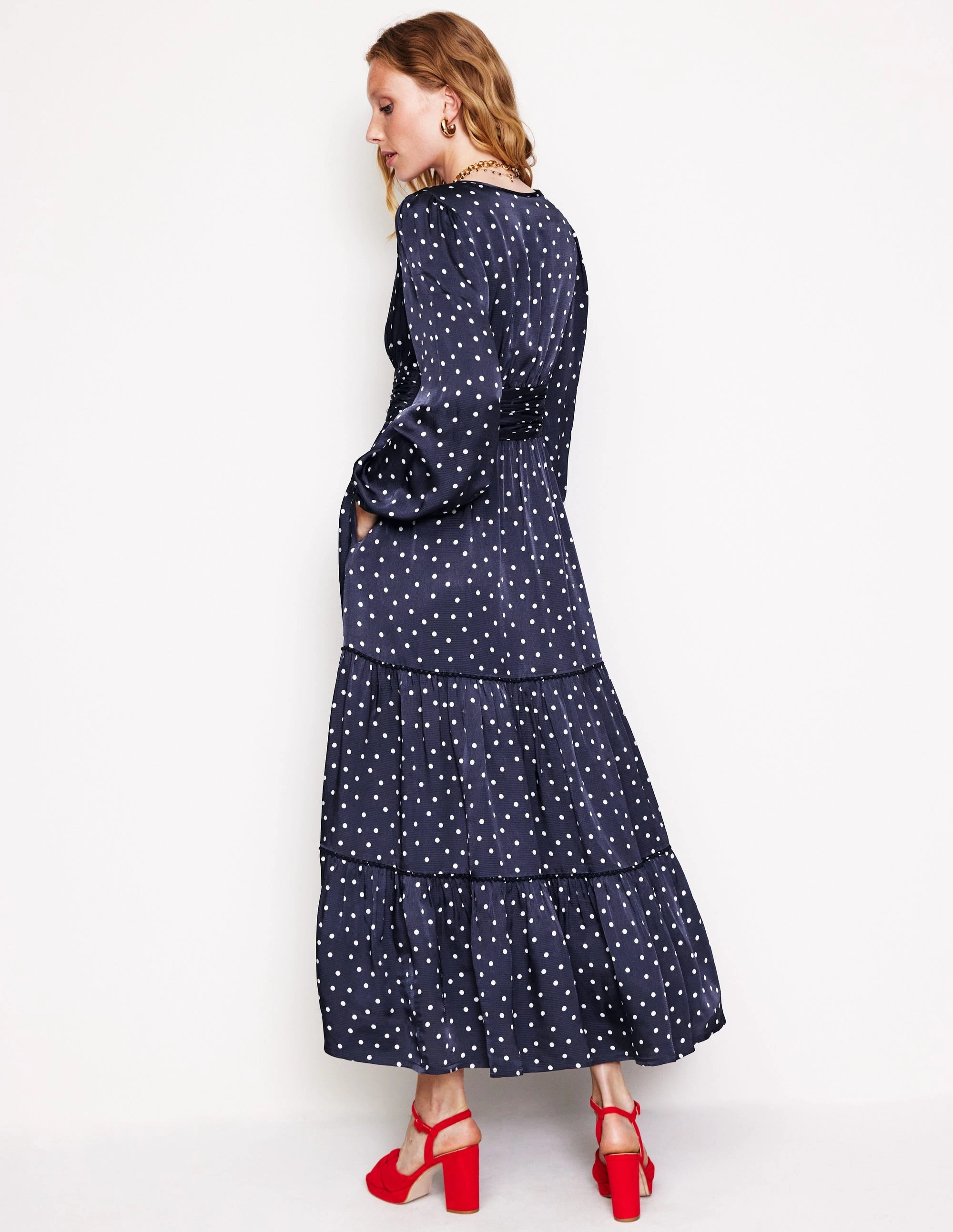 Pippa Satin Maxi Dress-Navy, Sparse Spot Satin Layers Cozy Cut