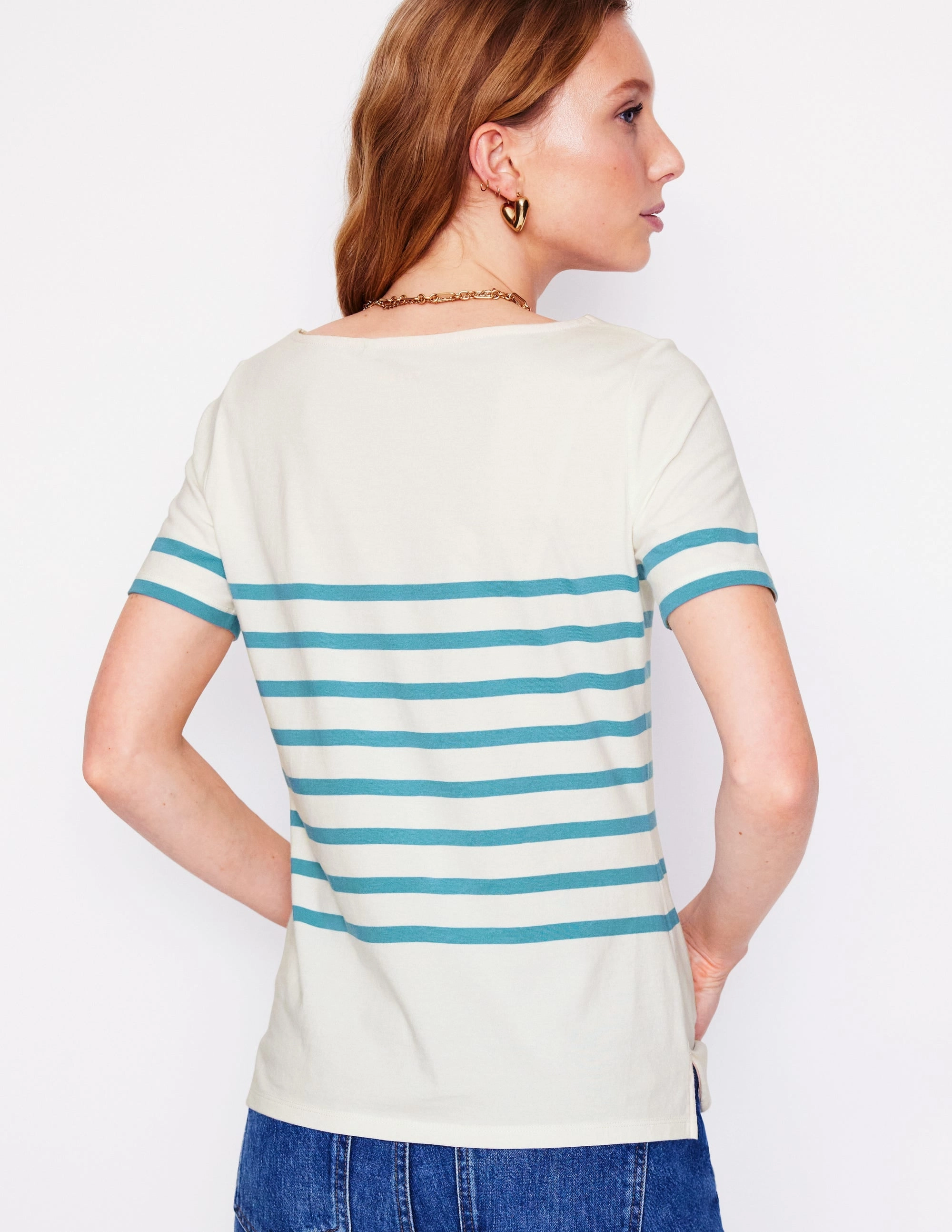 Ella Short Sleeve Breton-Ivory, Duck Egg Blue Streetwear Style Drip Dry Fabric