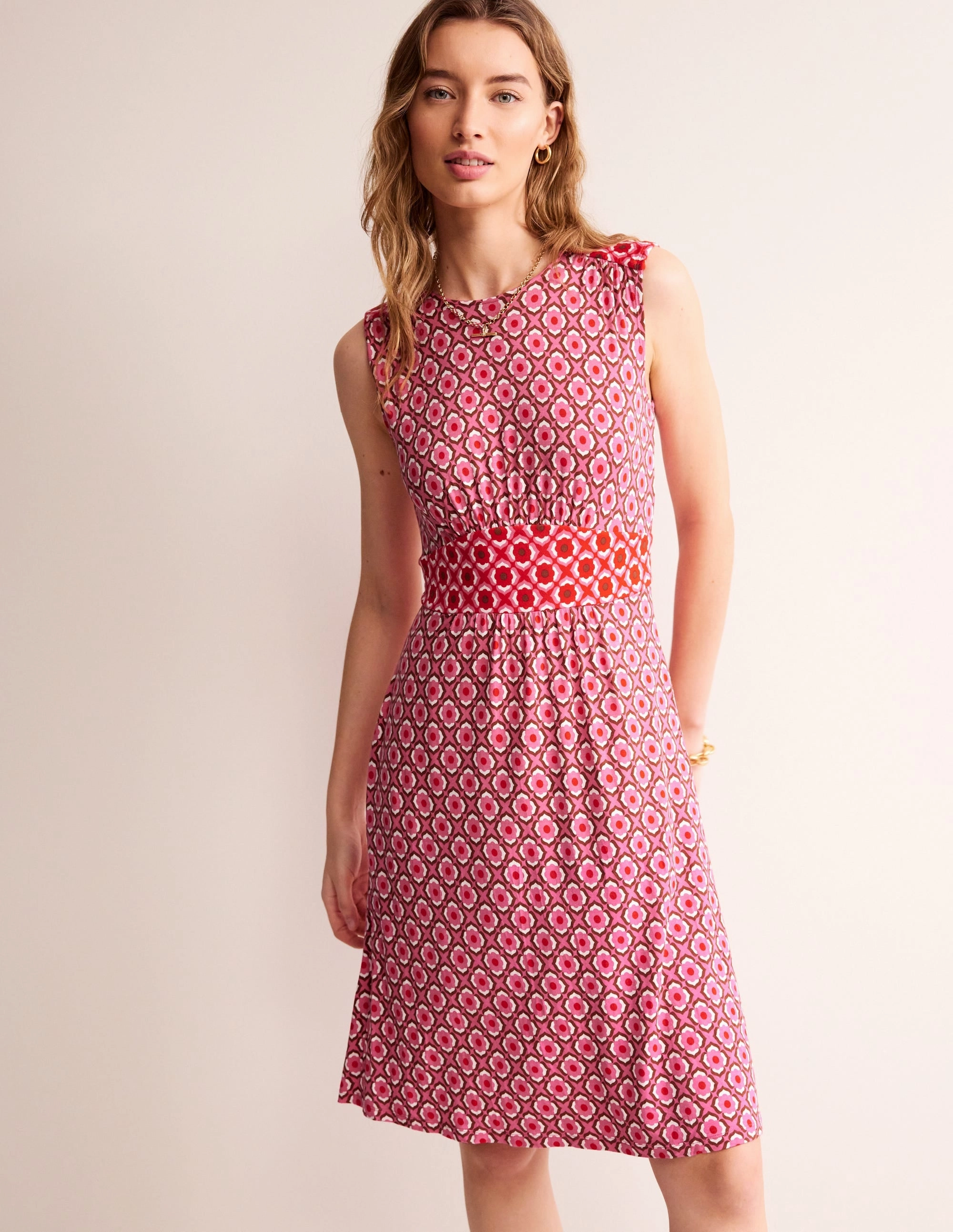 Thea Sleeveless Short Dress-Sangria Sunset, Geo Pome Relaxed work dress