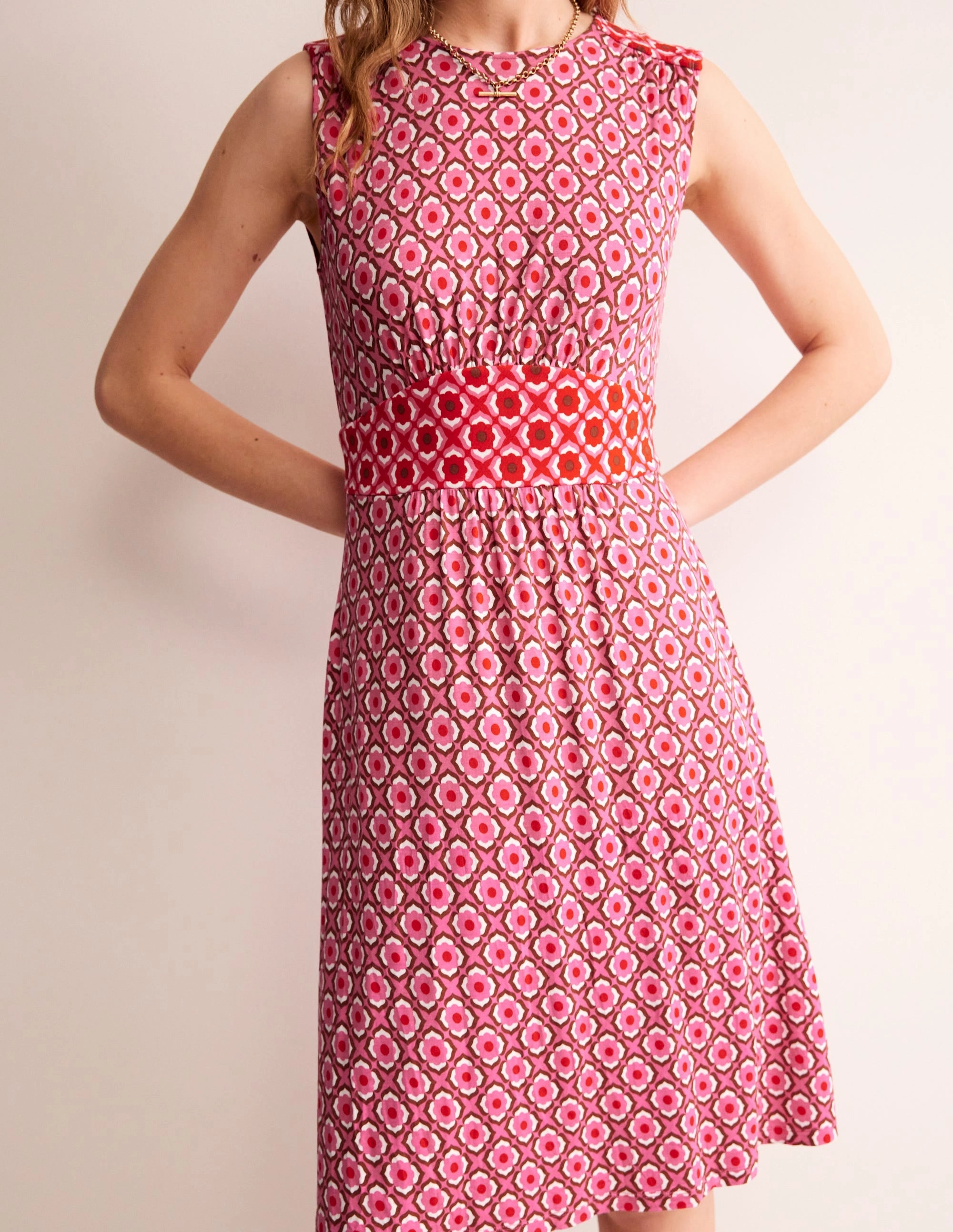 Thea Sleeveless Short Dress-Sangria Sunset, Geo Pome Embroidered-Sleeve Smooth-Finish