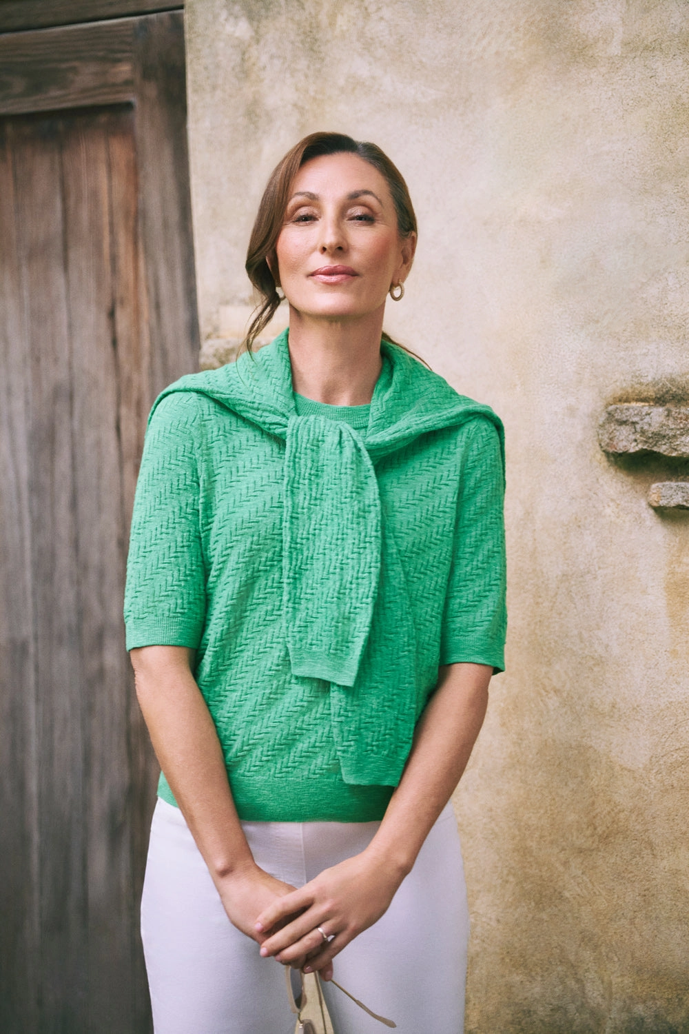 Ventilated Side Panels ContrastStitching Textured Knit Top ?C Emerald