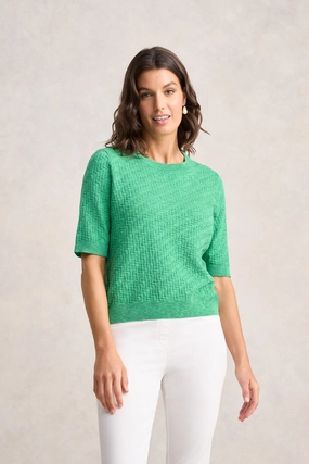 Hidden Button Placket NonChafingEdges Textured Knit Top ?C Emerald