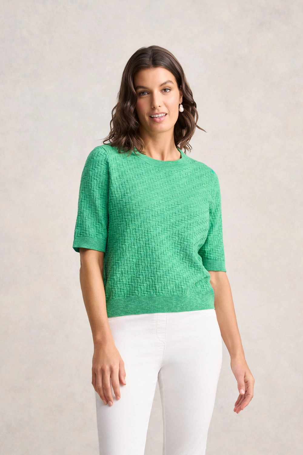 Hidden Button Placket NonChafingEdges Textured Knit Top ?C Emerald