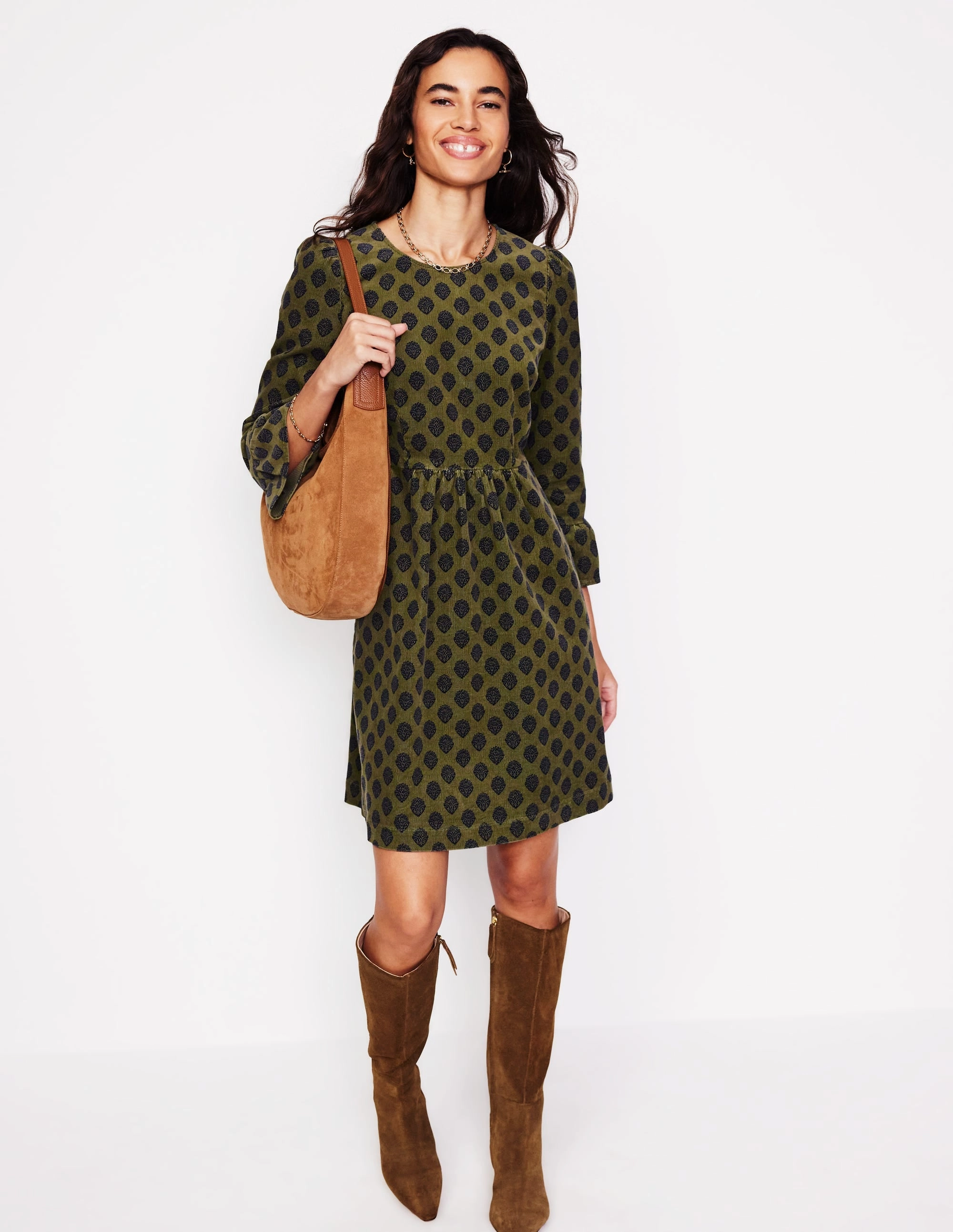 Ora Short Cord Dress-Oregano, Ornate Stamp Smart Look