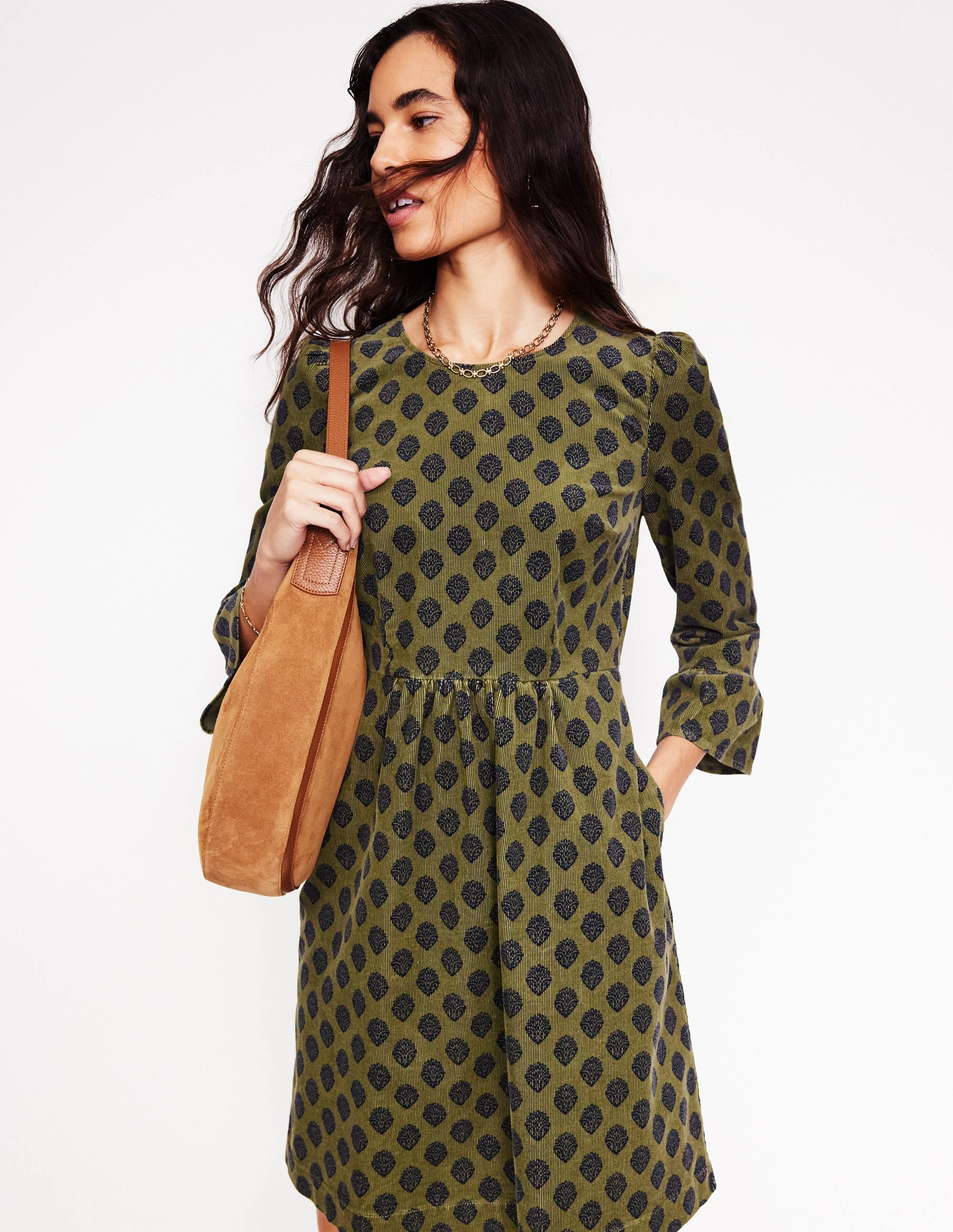 Ora Short Cord Dress-Oregano, Ornate Stamp Relaxed Fit