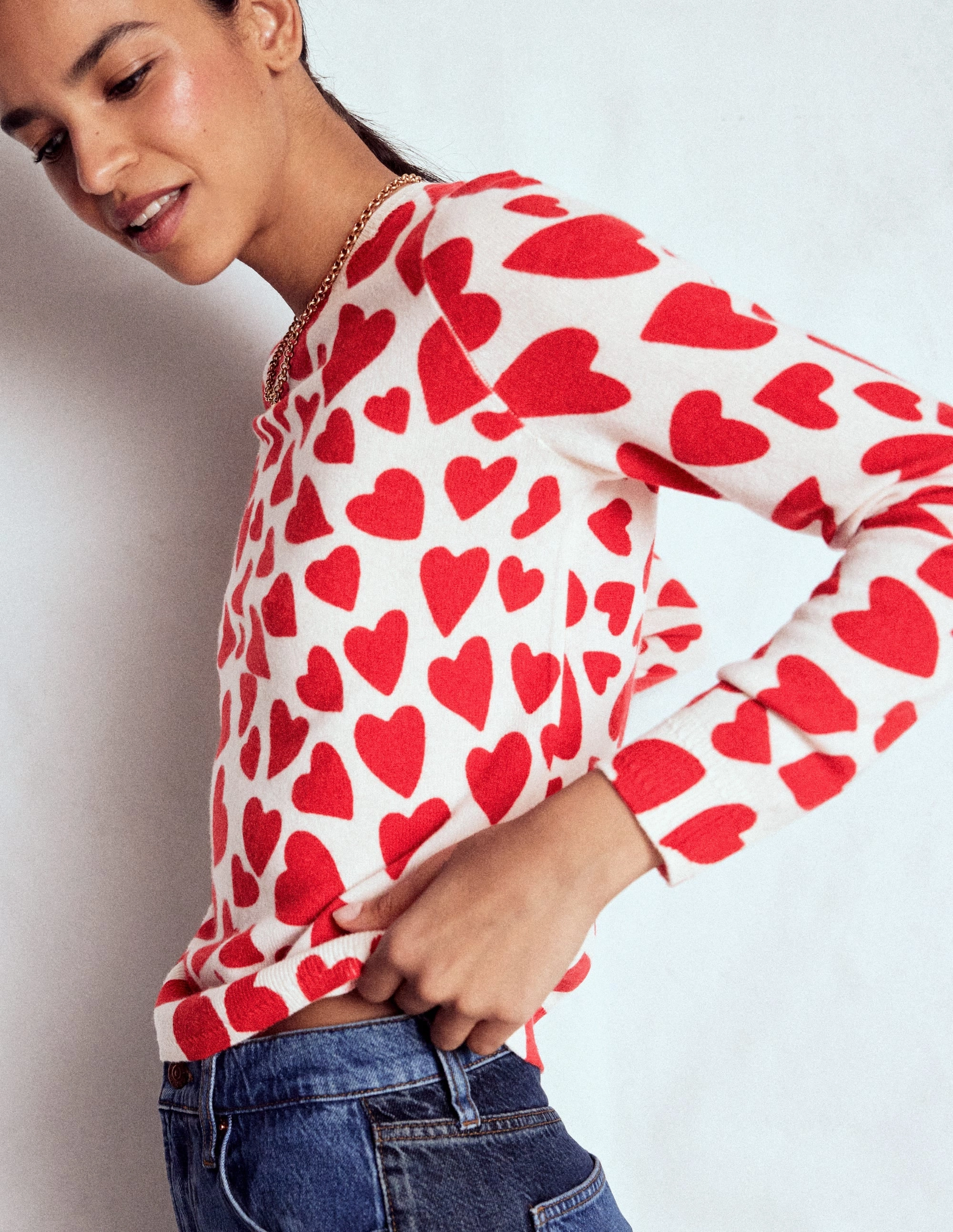 Chunky Cable Pattern Gentle Tone Eva Cashmere Crew Neck Jumper-Ivory, Heart Cluster