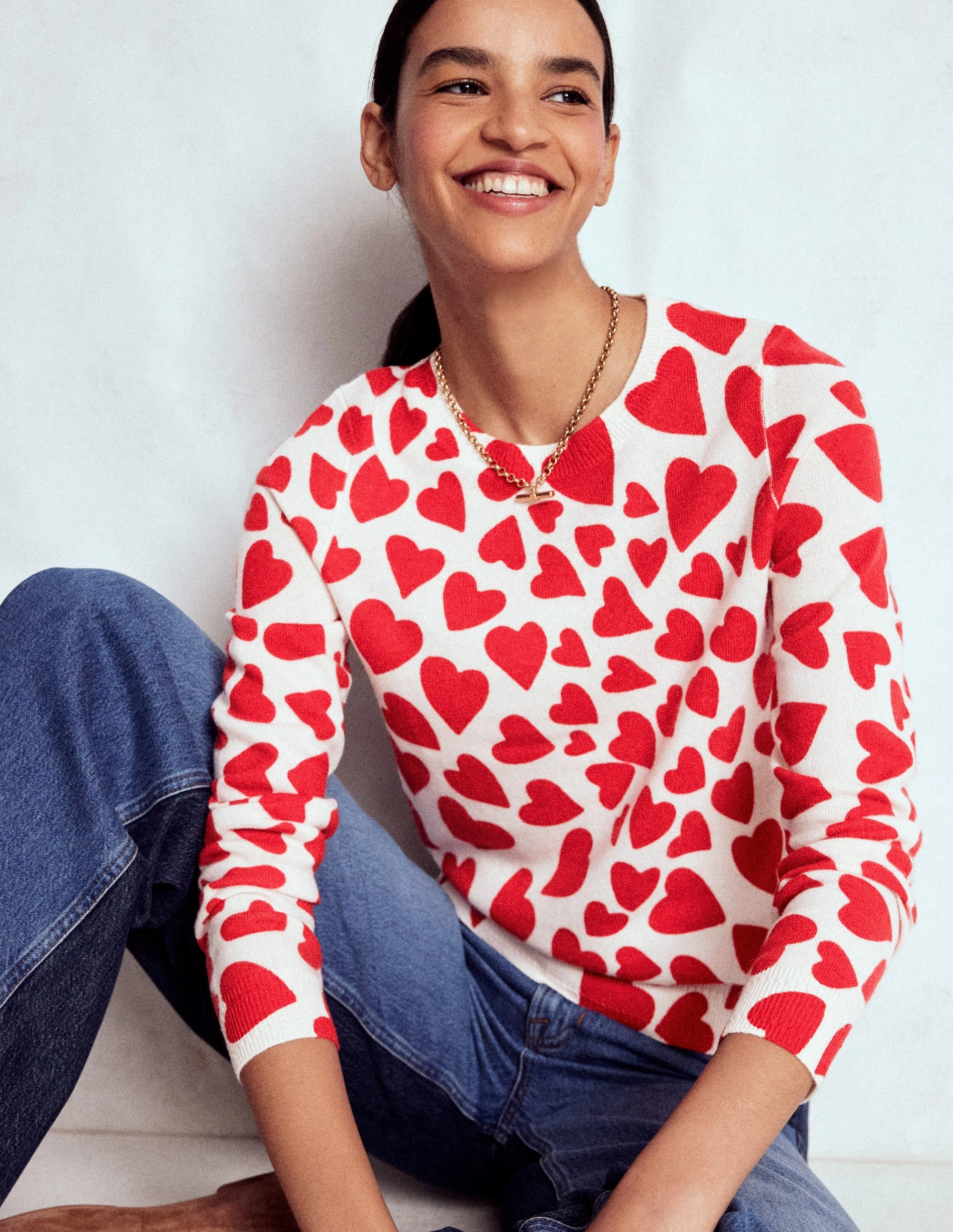 HighElasticity Yarn Eva Cashmere Crew Neck Jumper-Ivory, Heart Cluster