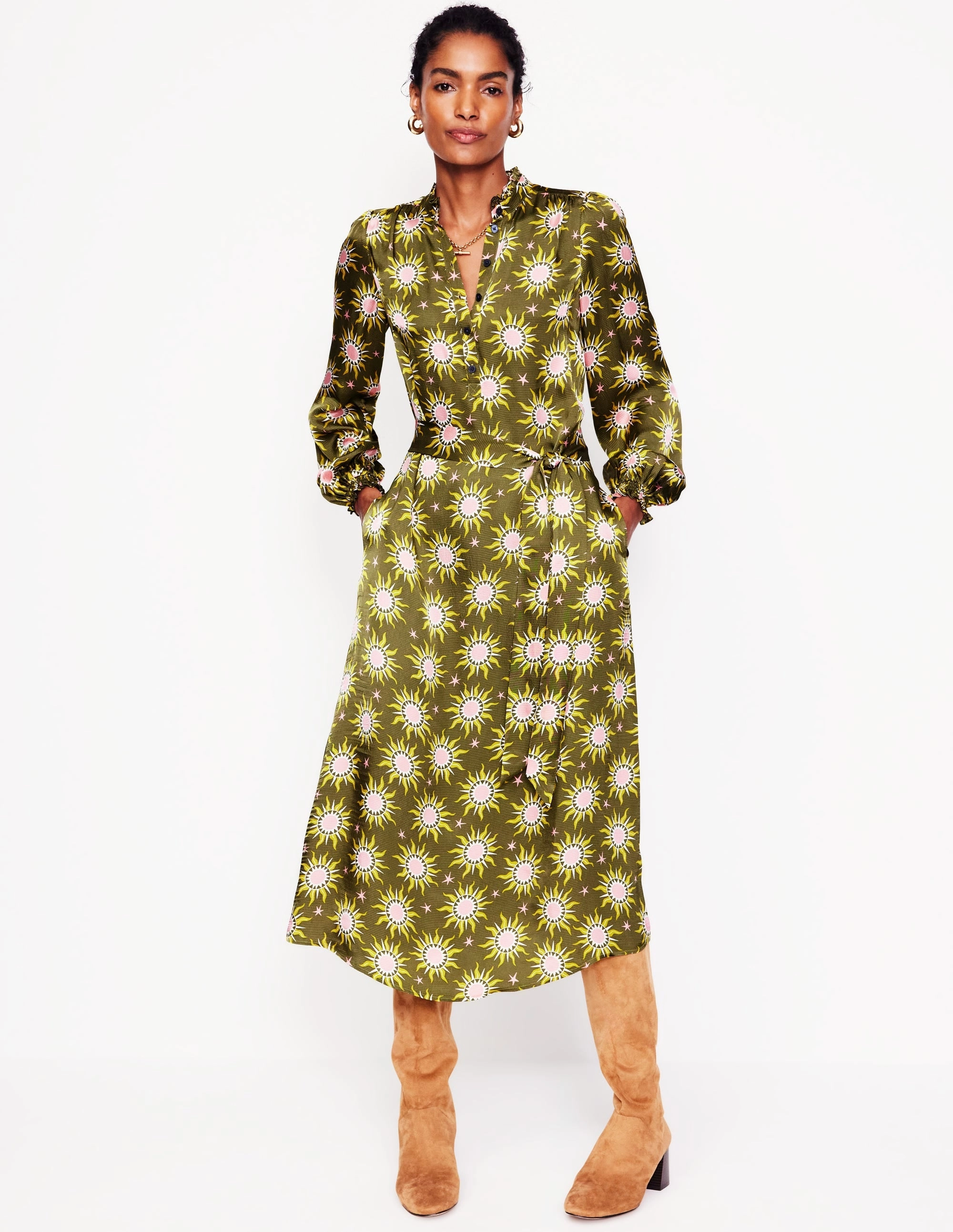 Boho Mood Jasmine Satin Midi Dress-Winter Moss, Celestial