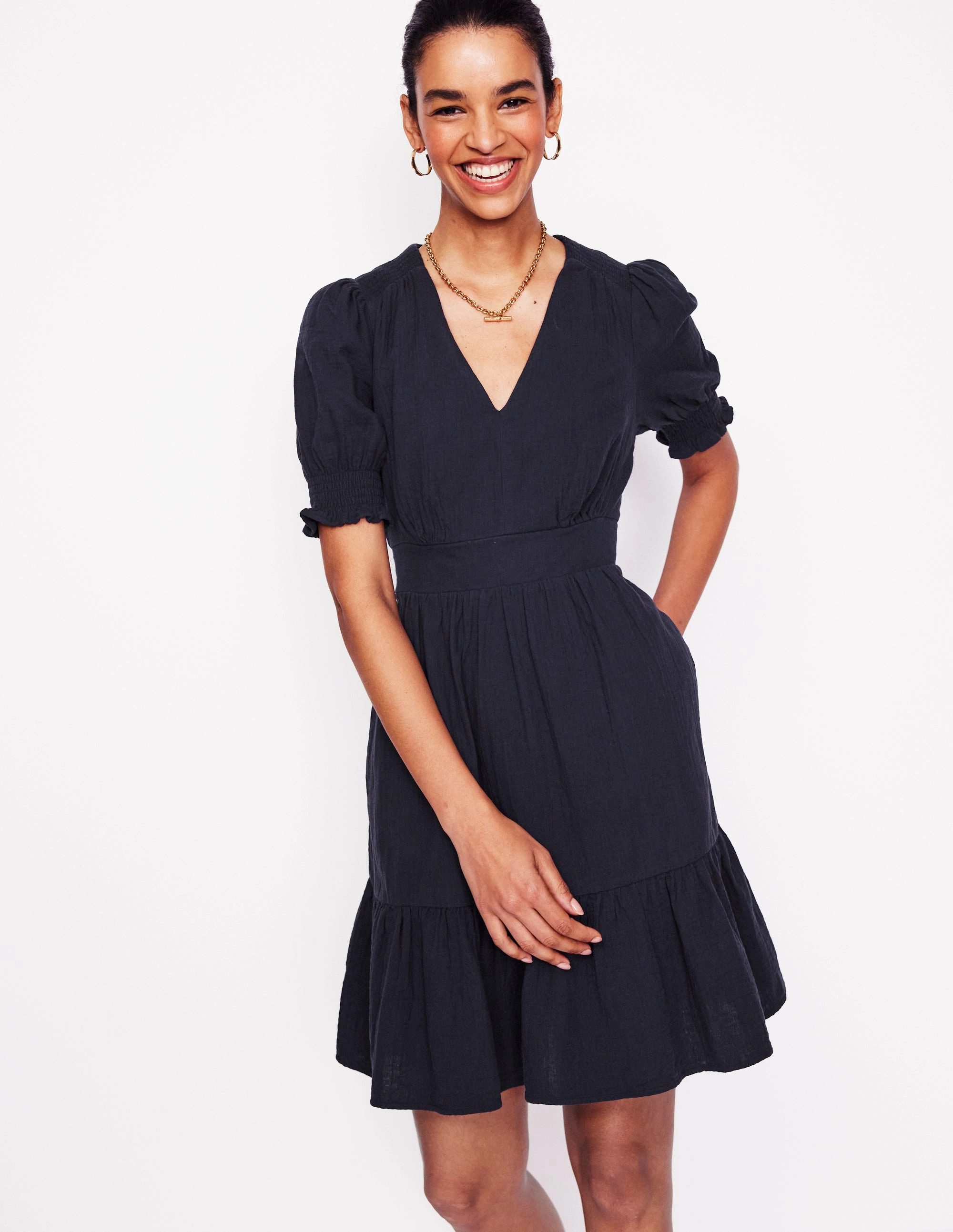 Chic Layered Wear Lounge Comfort Anna Double Cloth Short Dress-Navy