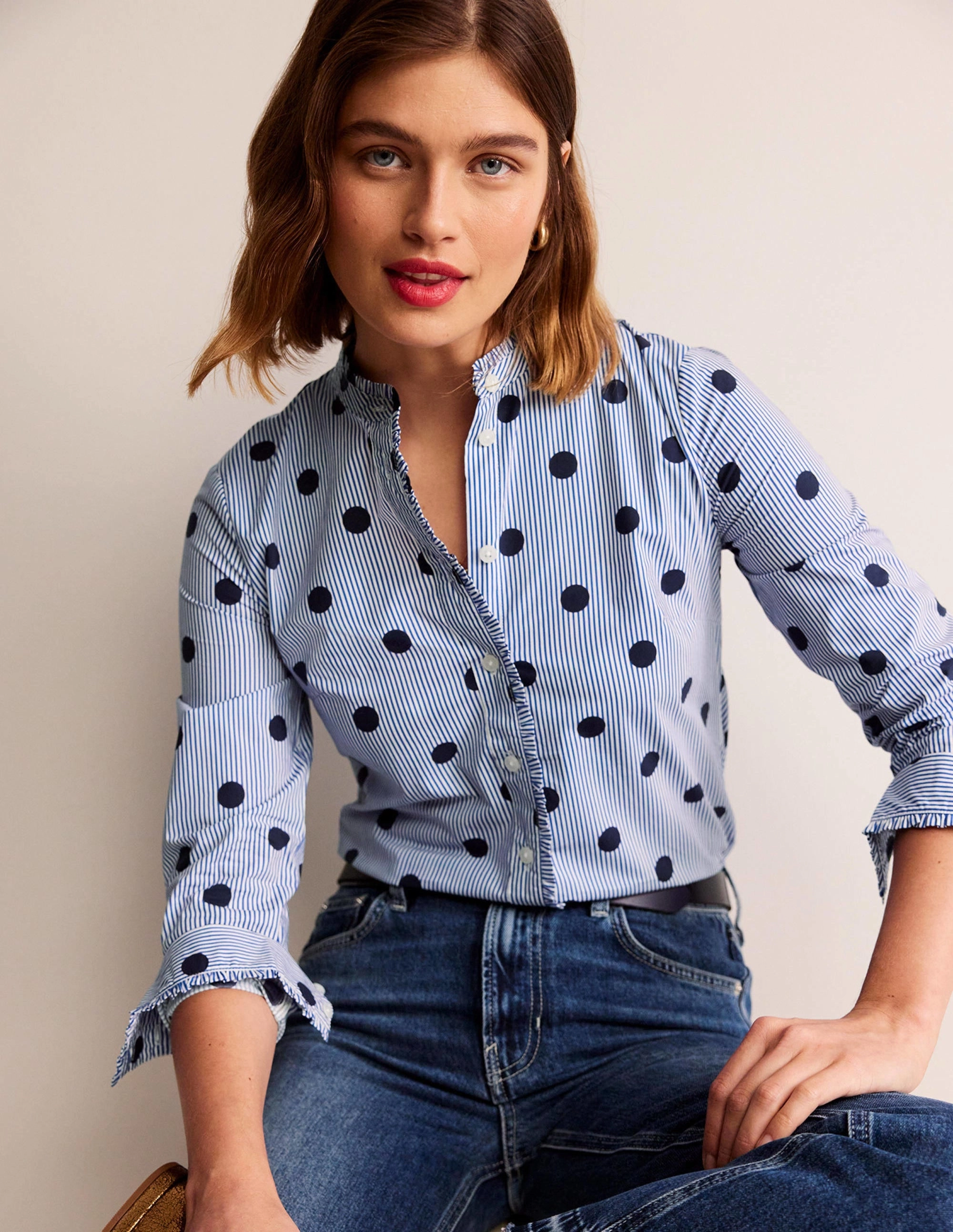 Reinforced Neckline Classic Layering Phoebe Cotton Shirt-Navy, Spot Stripe