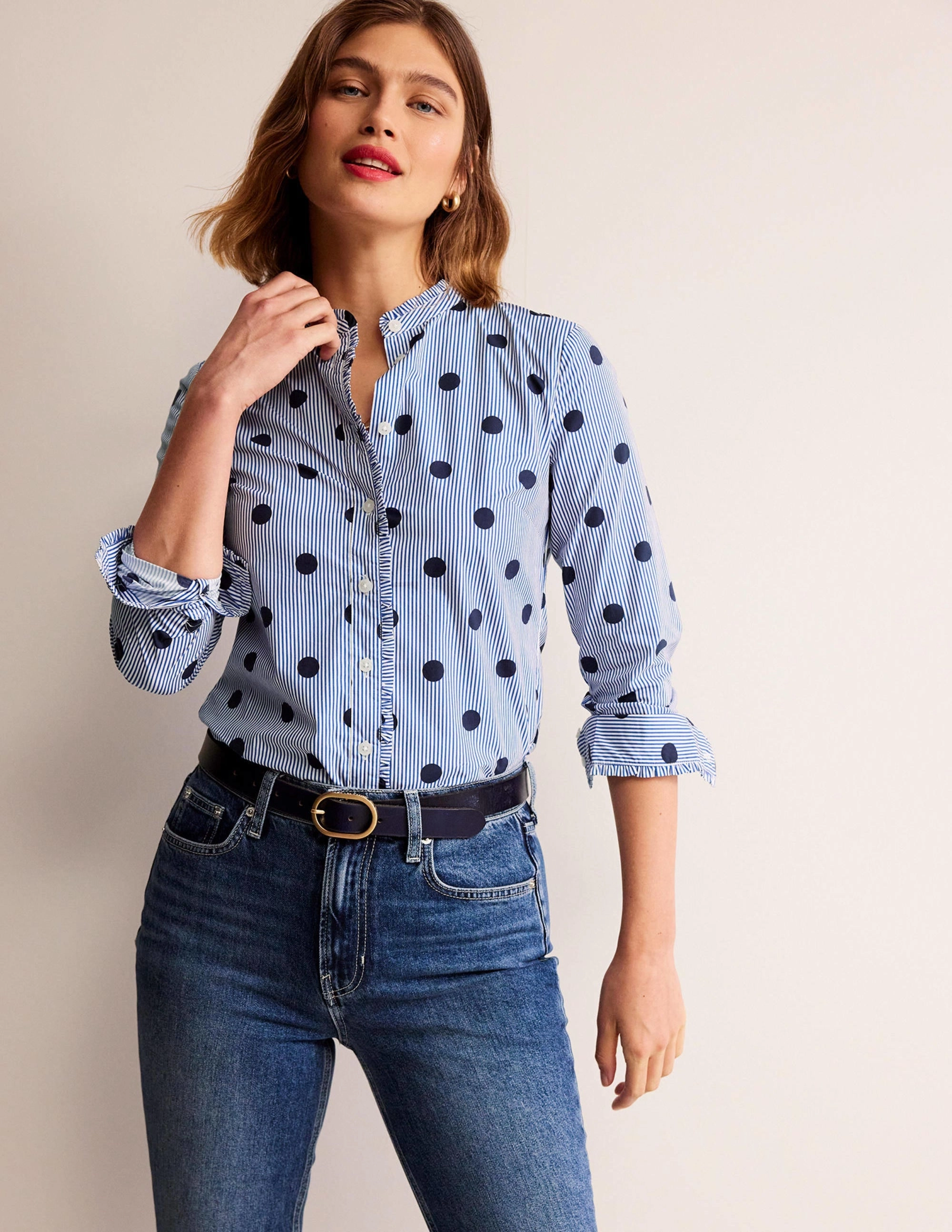 Phoebe Cotton Shirt-Navy, Spot Stripe funky