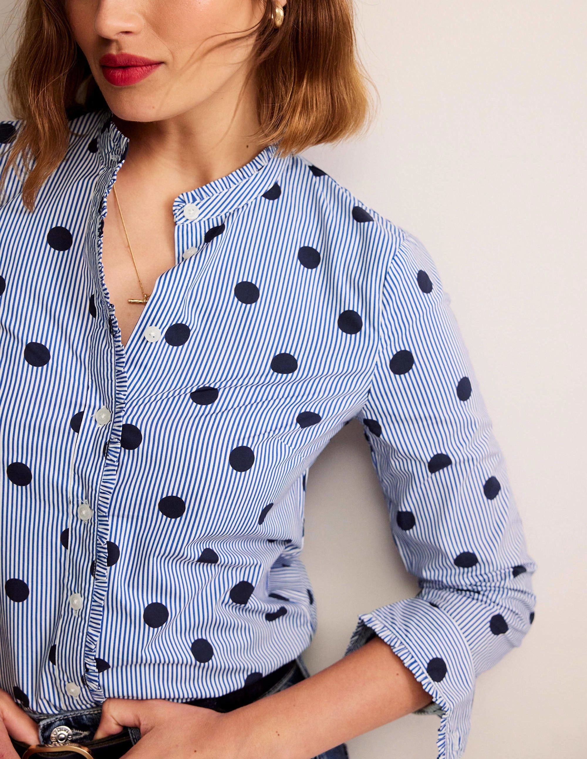 Phoebe Cotton Shirt-Navy, Spot Stripe LongLastingColor Versatile Wearable