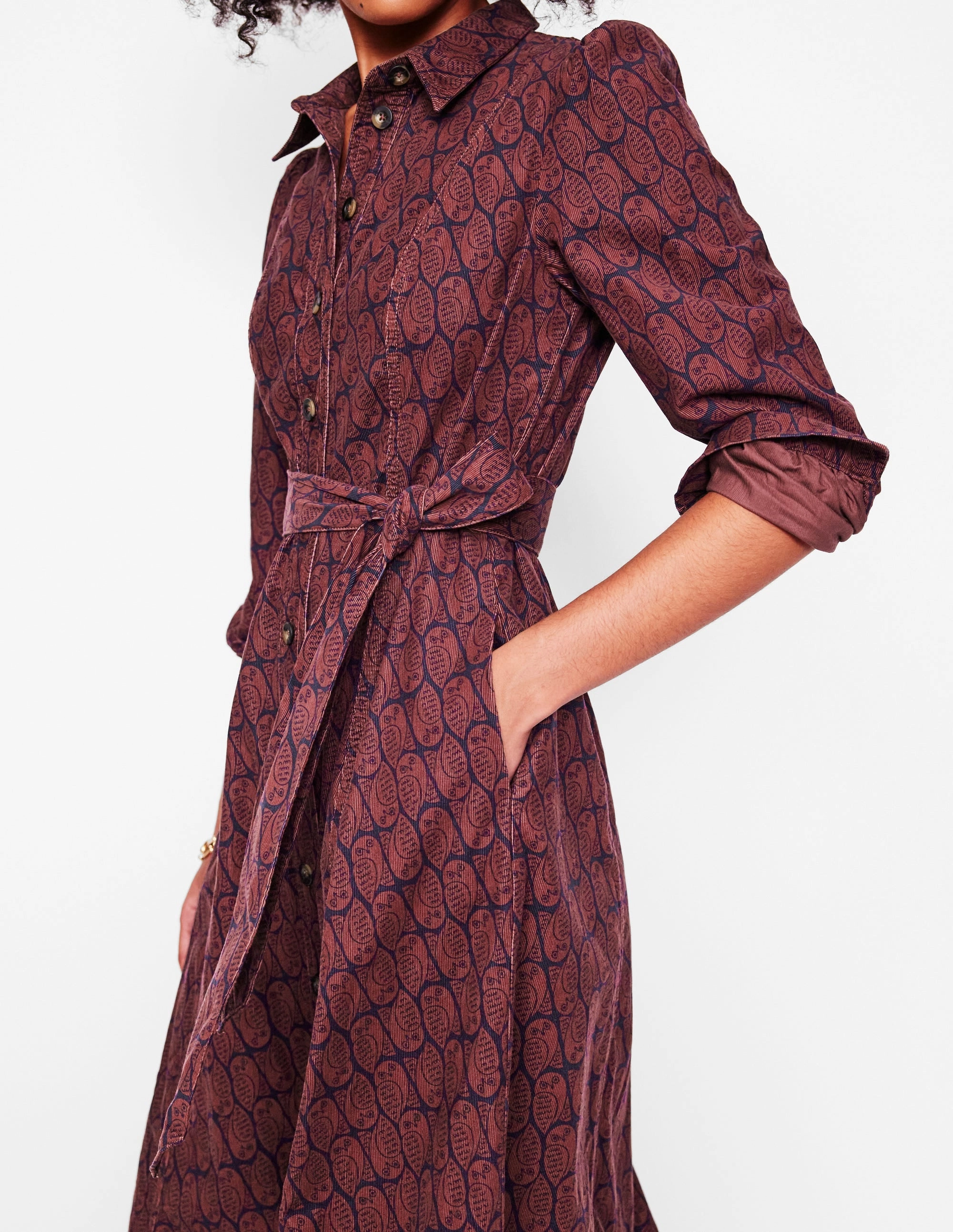 Aubrey Cord Midi Shirt Dress-Chestnut, Owl Stamp Detachable-Detail