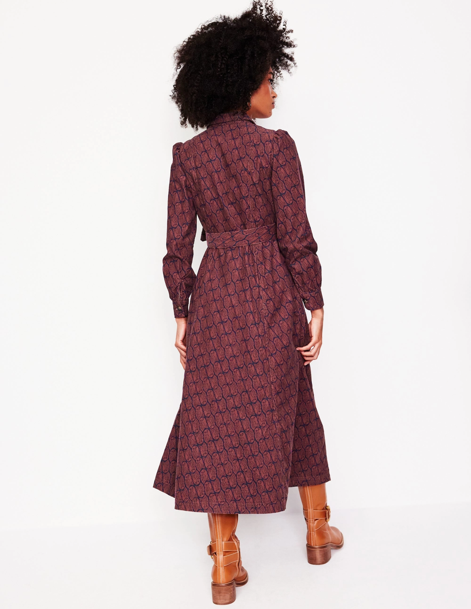 Aubrey Cord Midi Shirt Dress-Chestnut, Owl Stamp Comfortable Design Nature Bloom