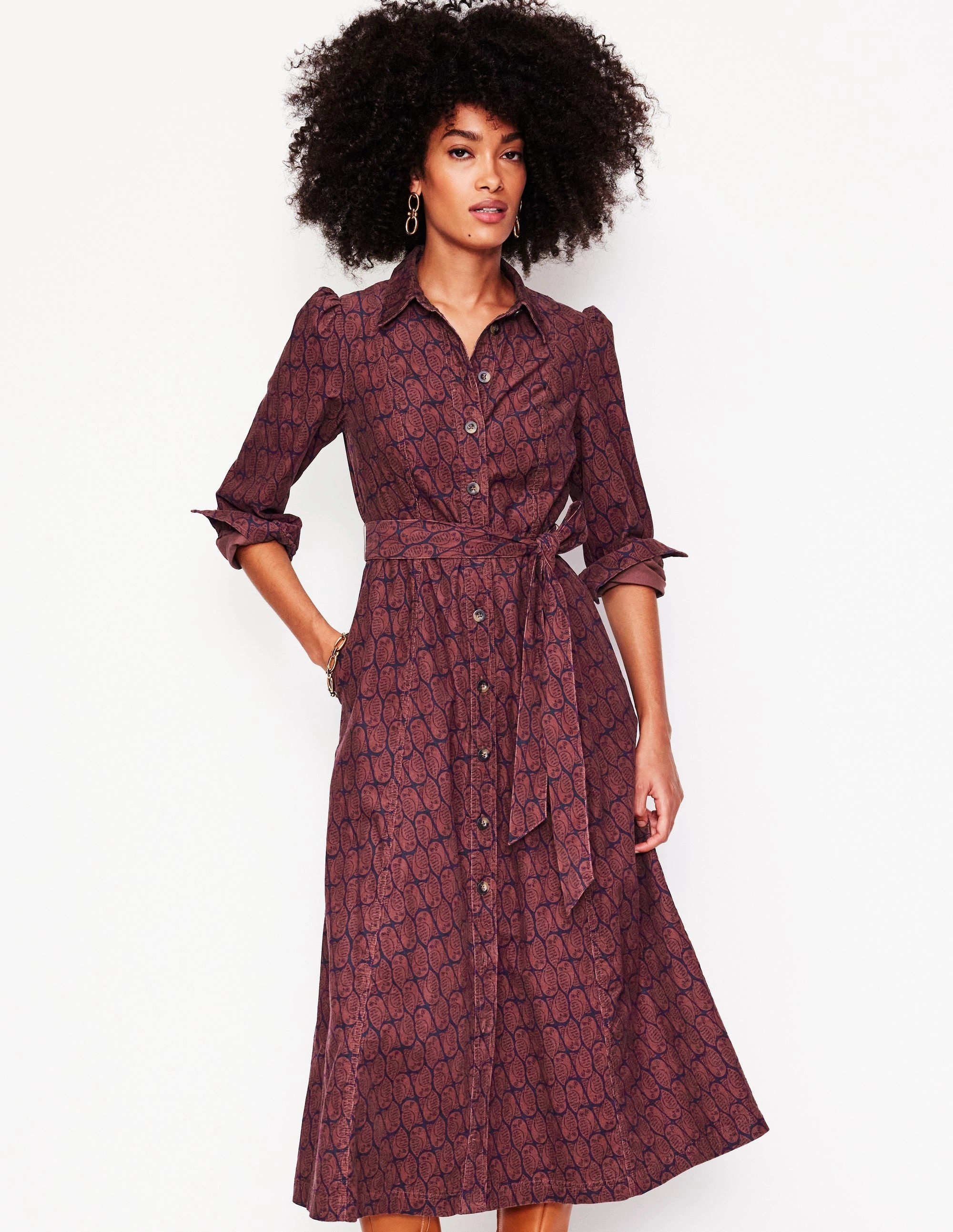 Aubrey Cord Midi Shirt Dress-Chestnut, Owl Stamp Minimalist Design