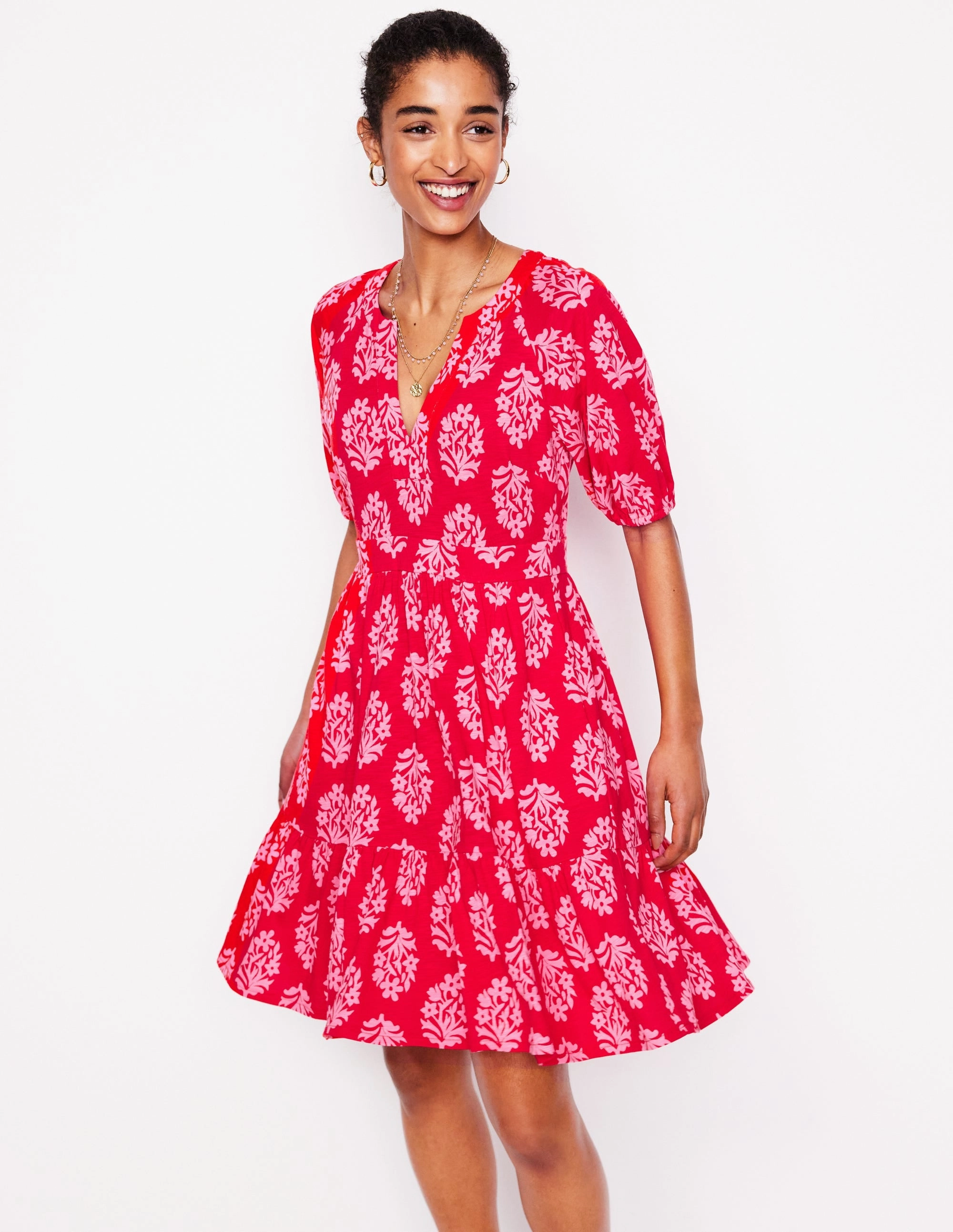 Piper Short Jersey Dress-Poppy Red, Posy Stamp monochrome