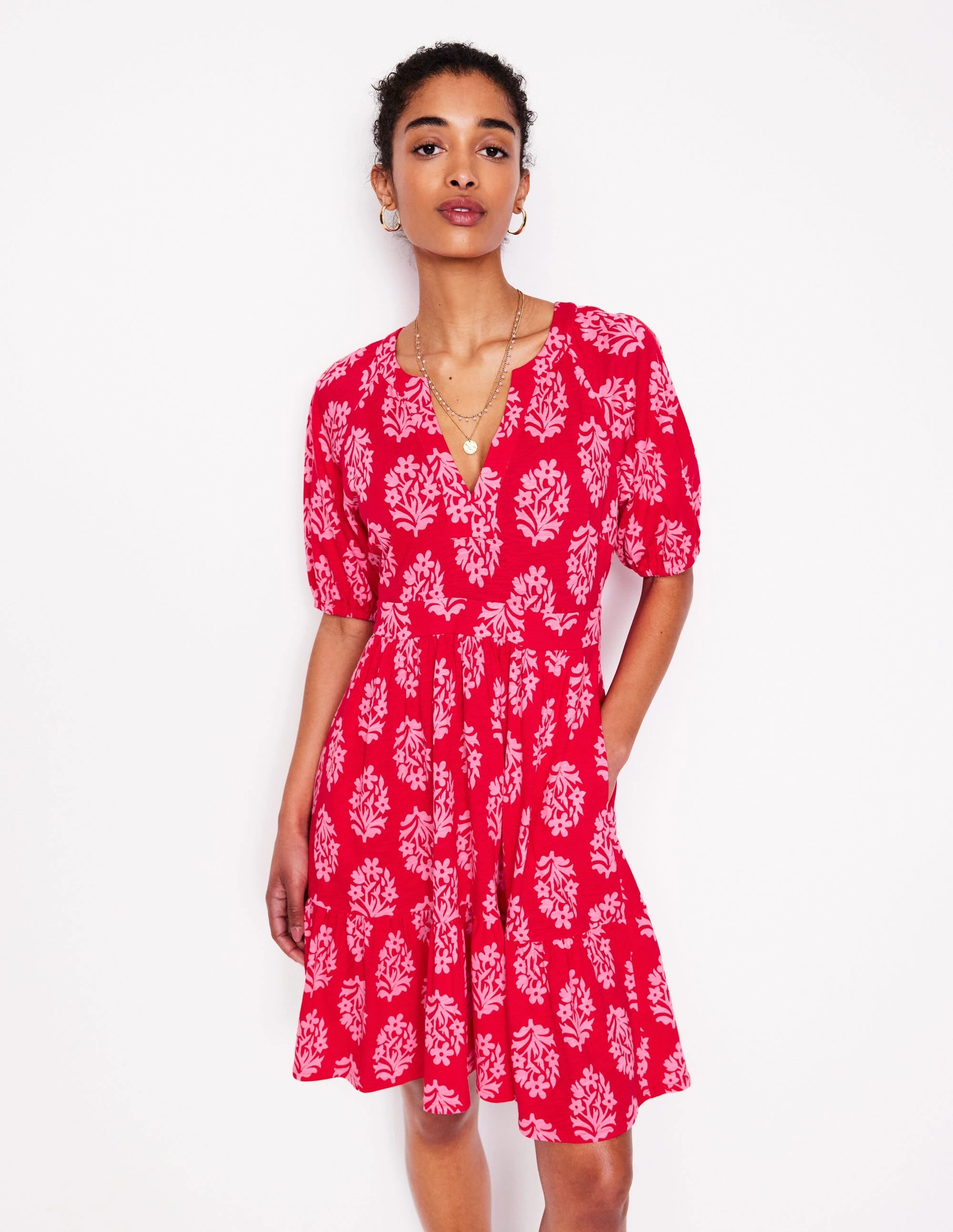 Adjustable Straps Layerable Piece Piper Short Jersey Dress-Poppy Red, Posy Stamp
