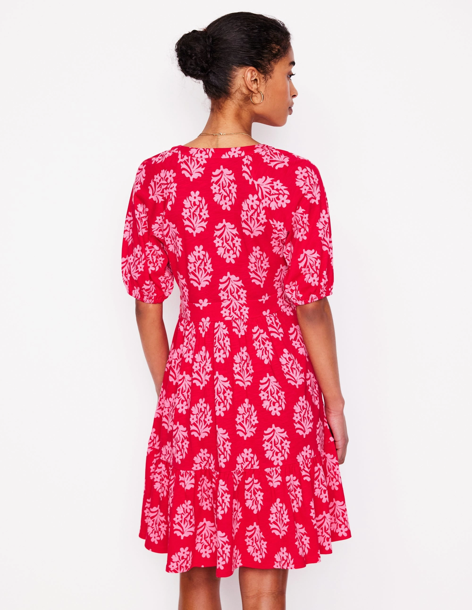 Piper Short Jersey Dress-Poppy Red, Posy Stamp warm tones Cool Season