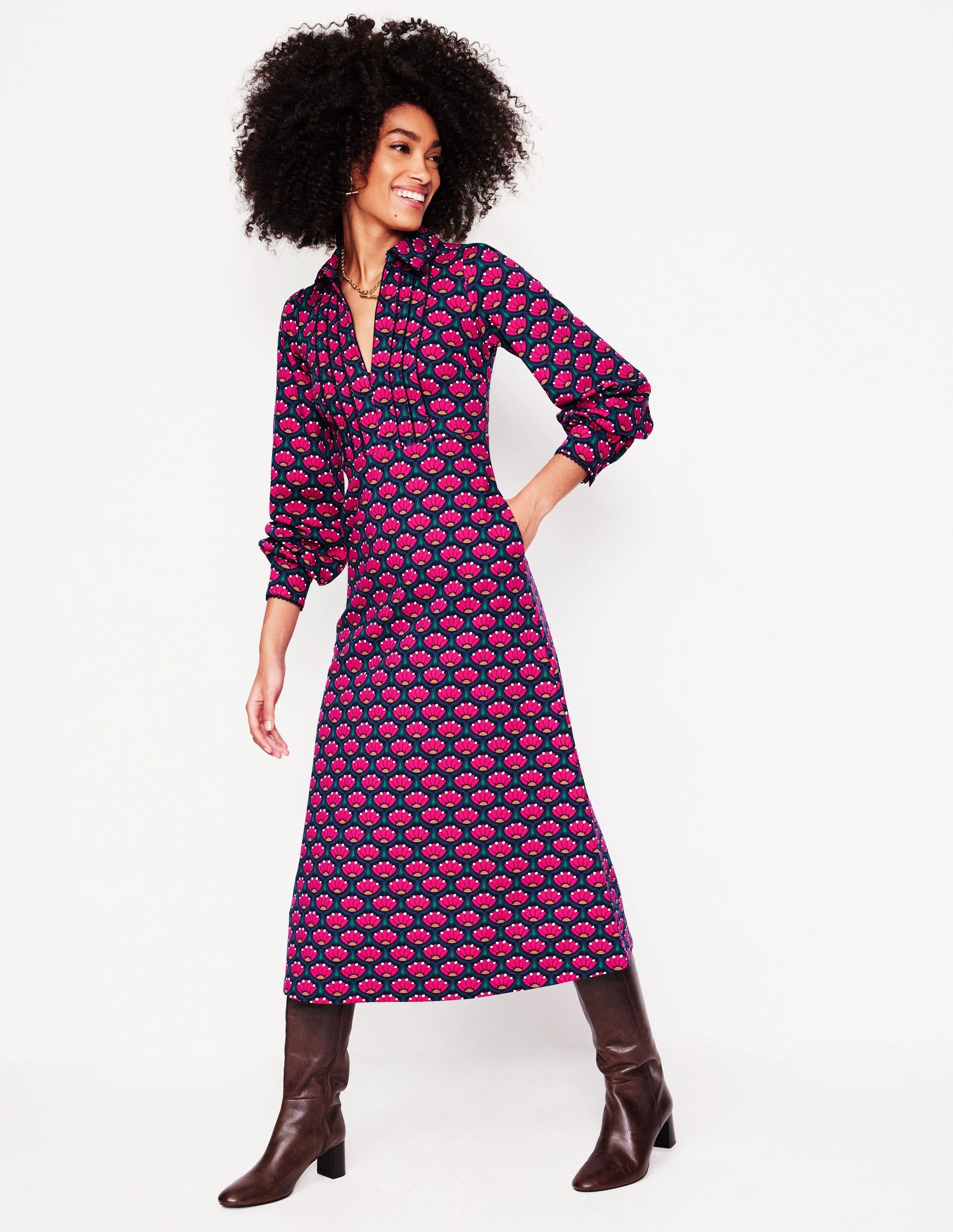 Piping Zip-up Ponte Dress-Bright Pink, Lotus Stamp Work Flex