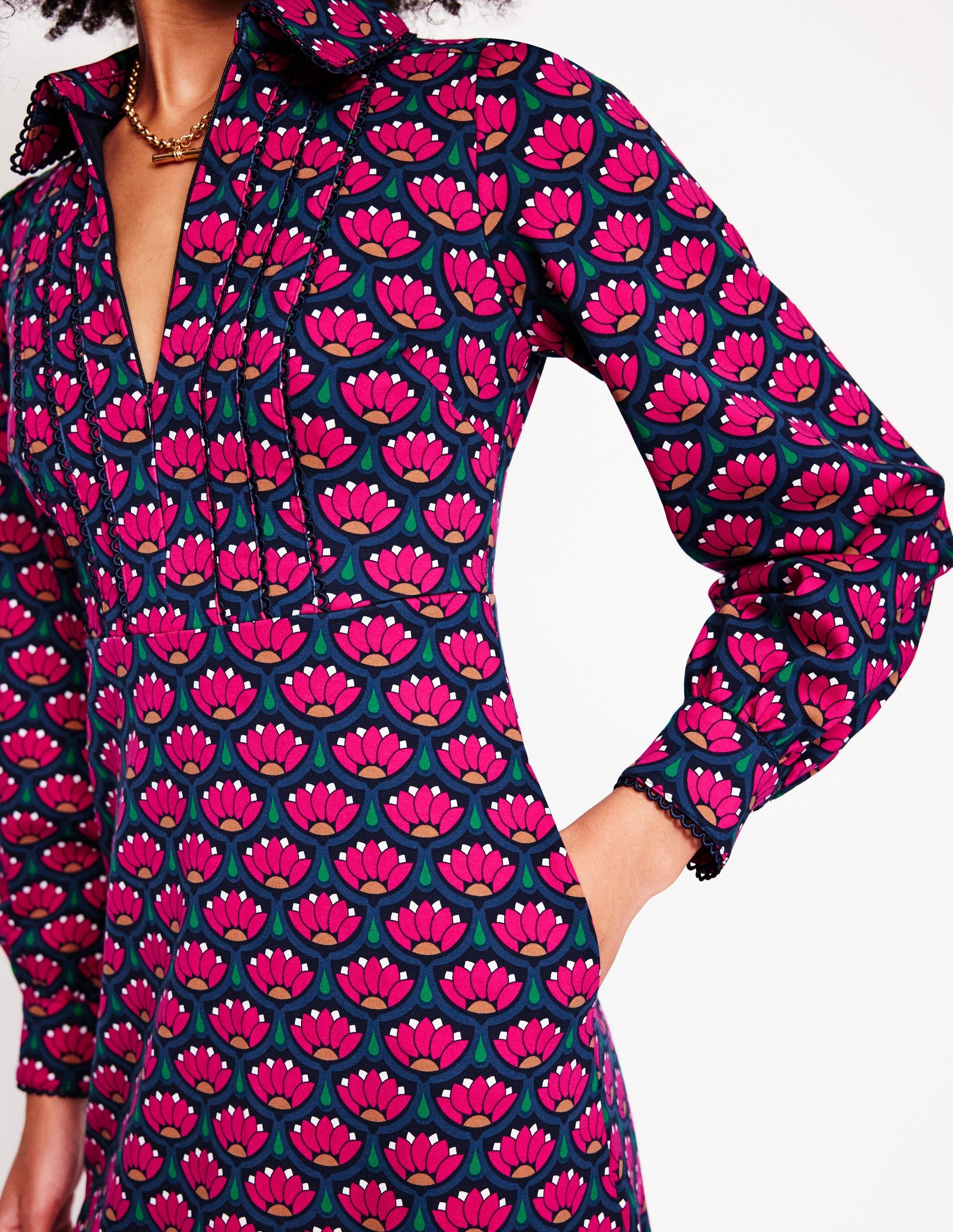 Perfect Waist Piping Zip-up Ponte Dress-Bright Pink, Lotus Stamp