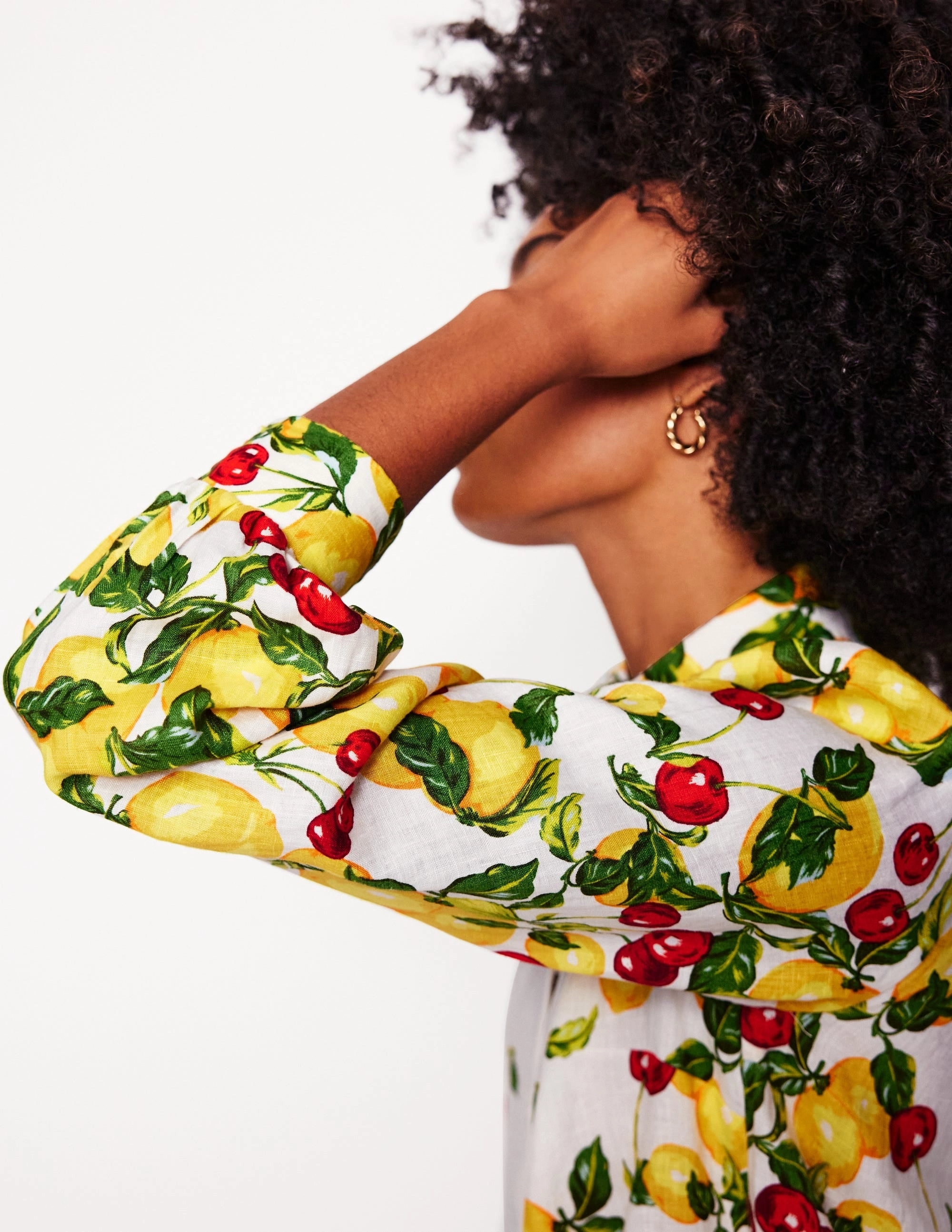 Placement Print Linen Shirt-Ivory, Cherries and Lemons Ribbed Collar Trim