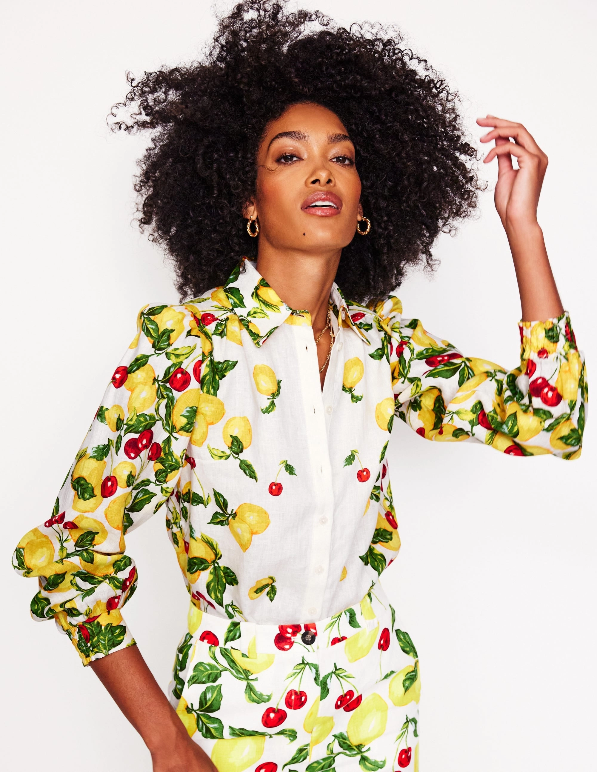 Placement Print Linen Shirt-Ivory, Cherries and Lemons Valentine's Day