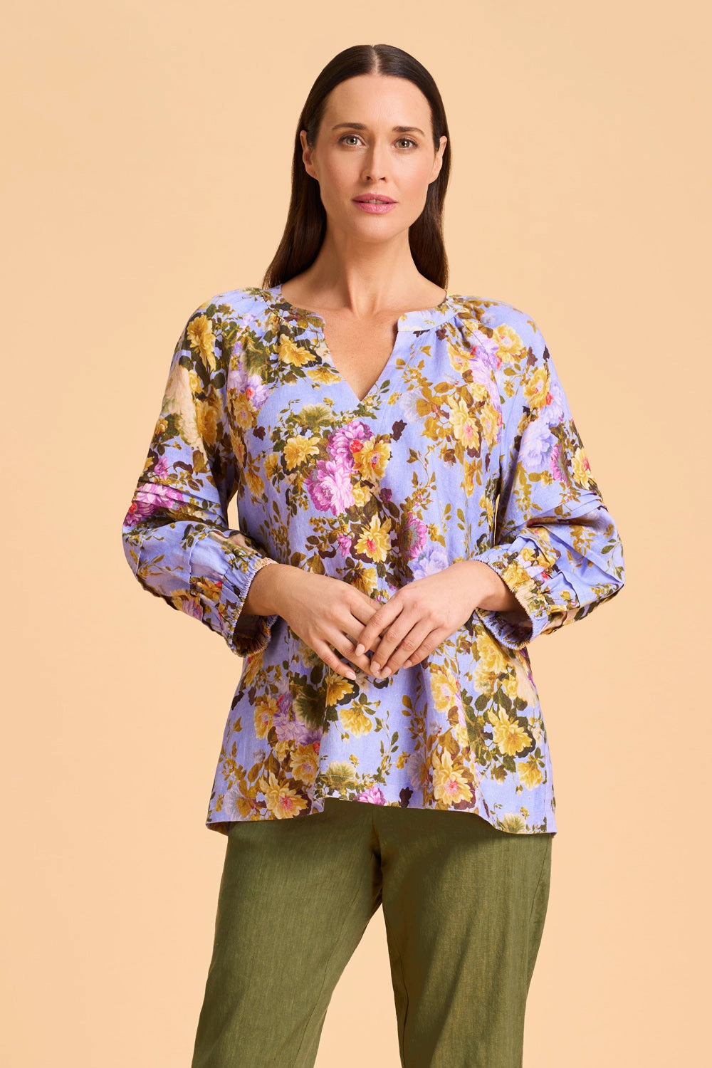 summer look StretchFit Design Pleat Sleeve Linen Blouse - Chantilly Rose