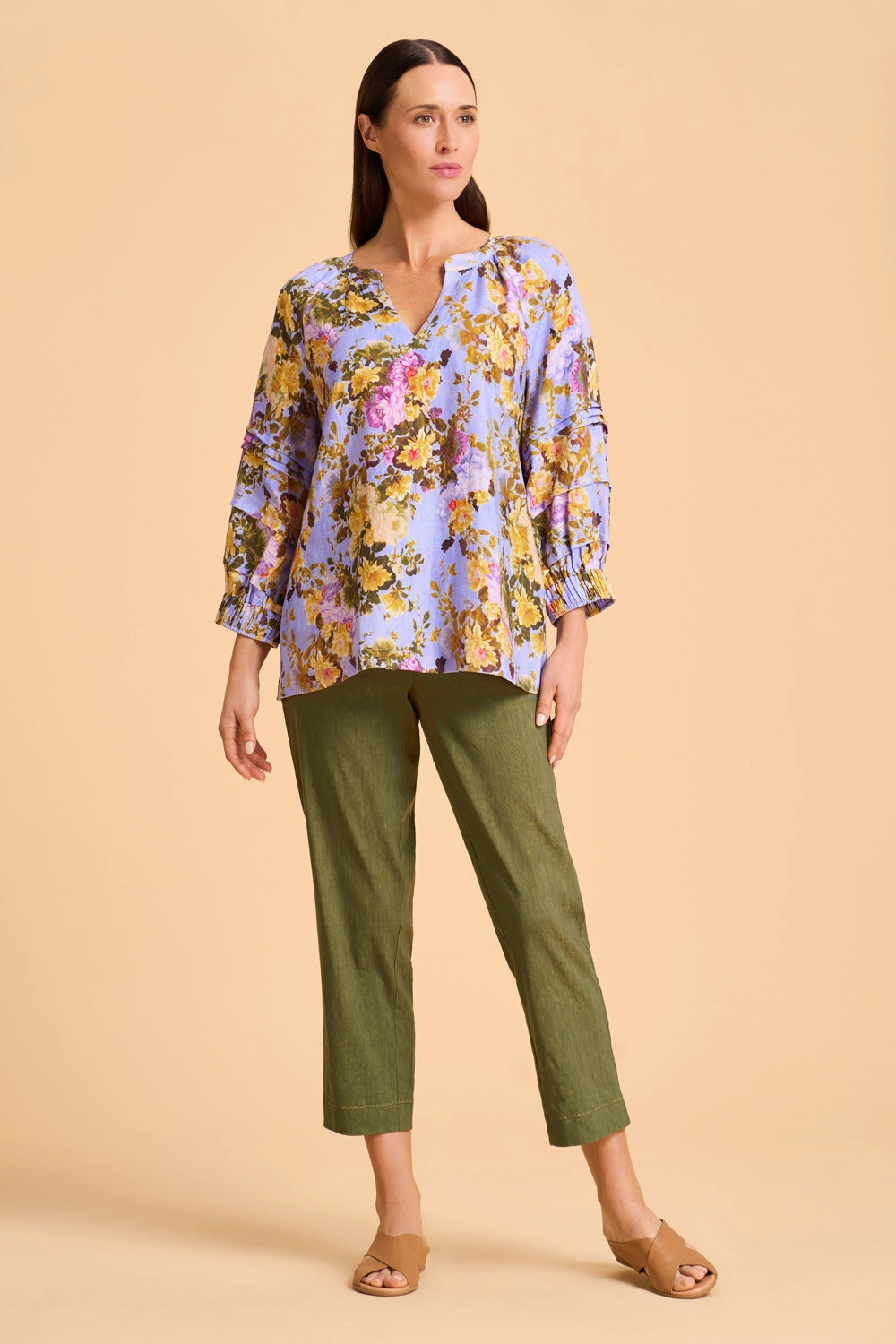 Ribbed Hemline FrayResistant Fabric Pleat Sleeve Linen Blouse - Chantilly Rose