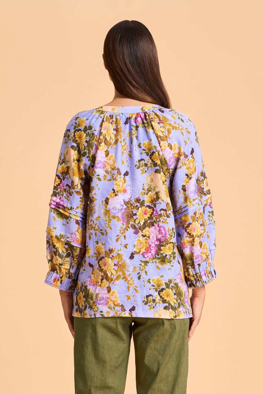 Pleat Sleeve Linen Blouse - Chantilly Rose Lightweight Weave wrinkle free finish