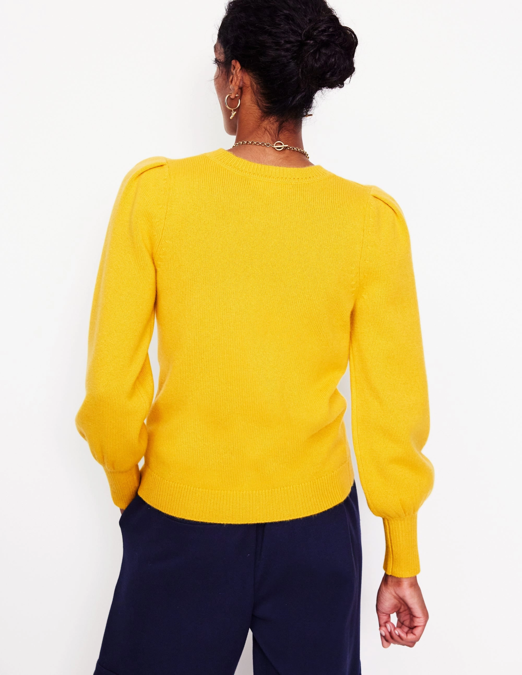 Contrast Trim Accent Pleated Sleeve Cashmere Jumper-Ceylon Yellow