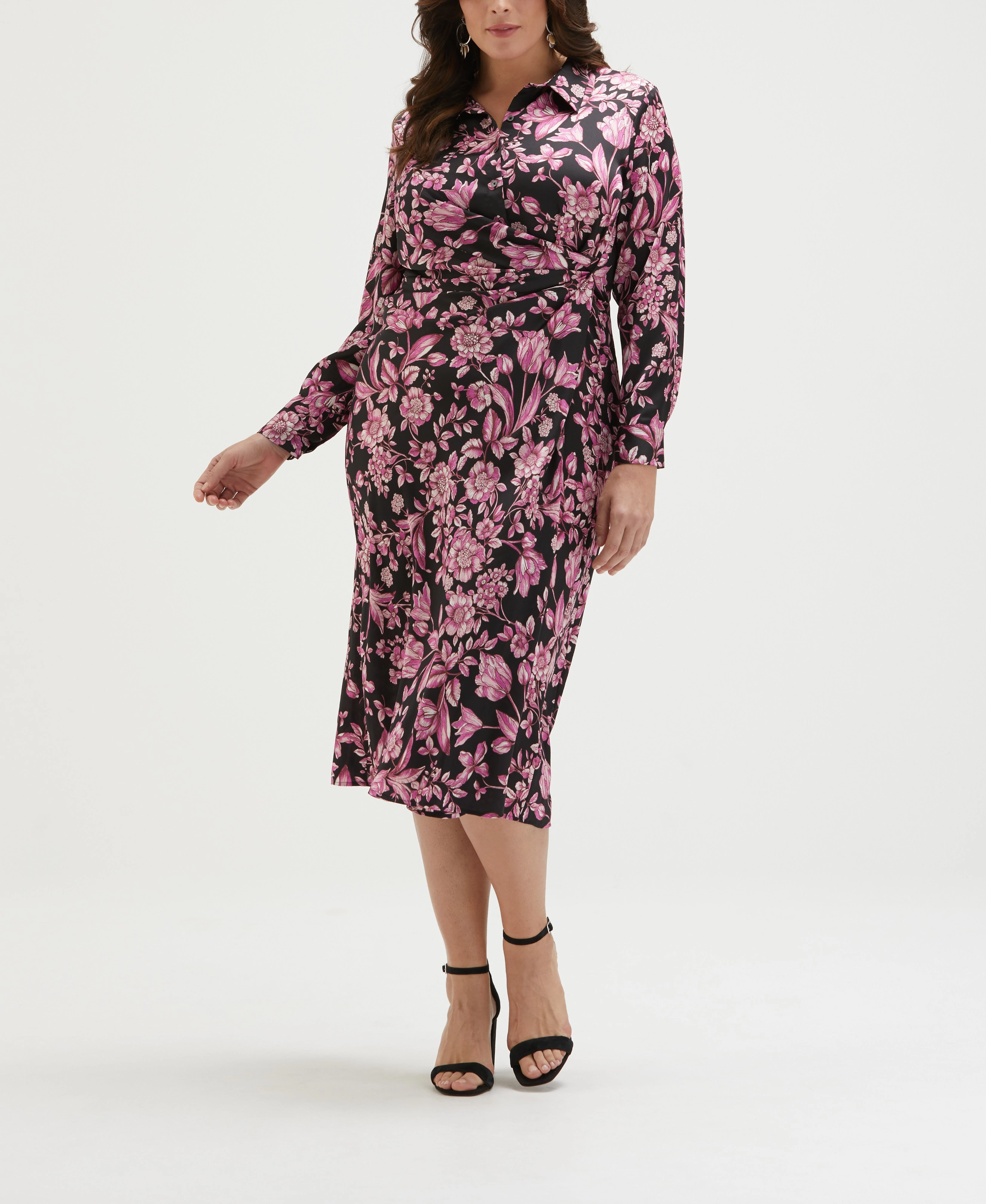 Plus Size Floral Print Gathered Popover Midi Dress Soft Fabric