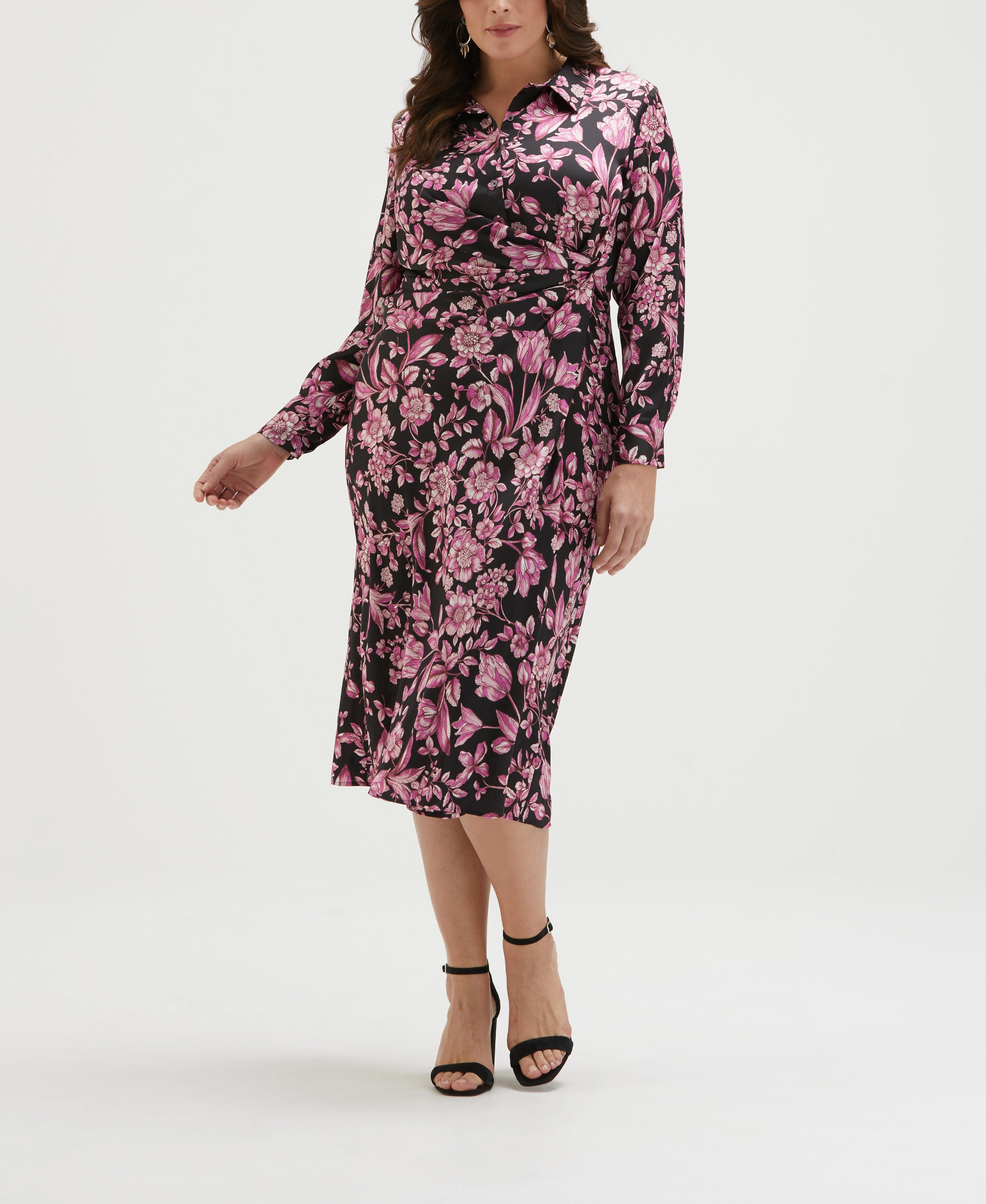 Plus Size Floral Print Gathered Popover Midi Dress Layerable Piece