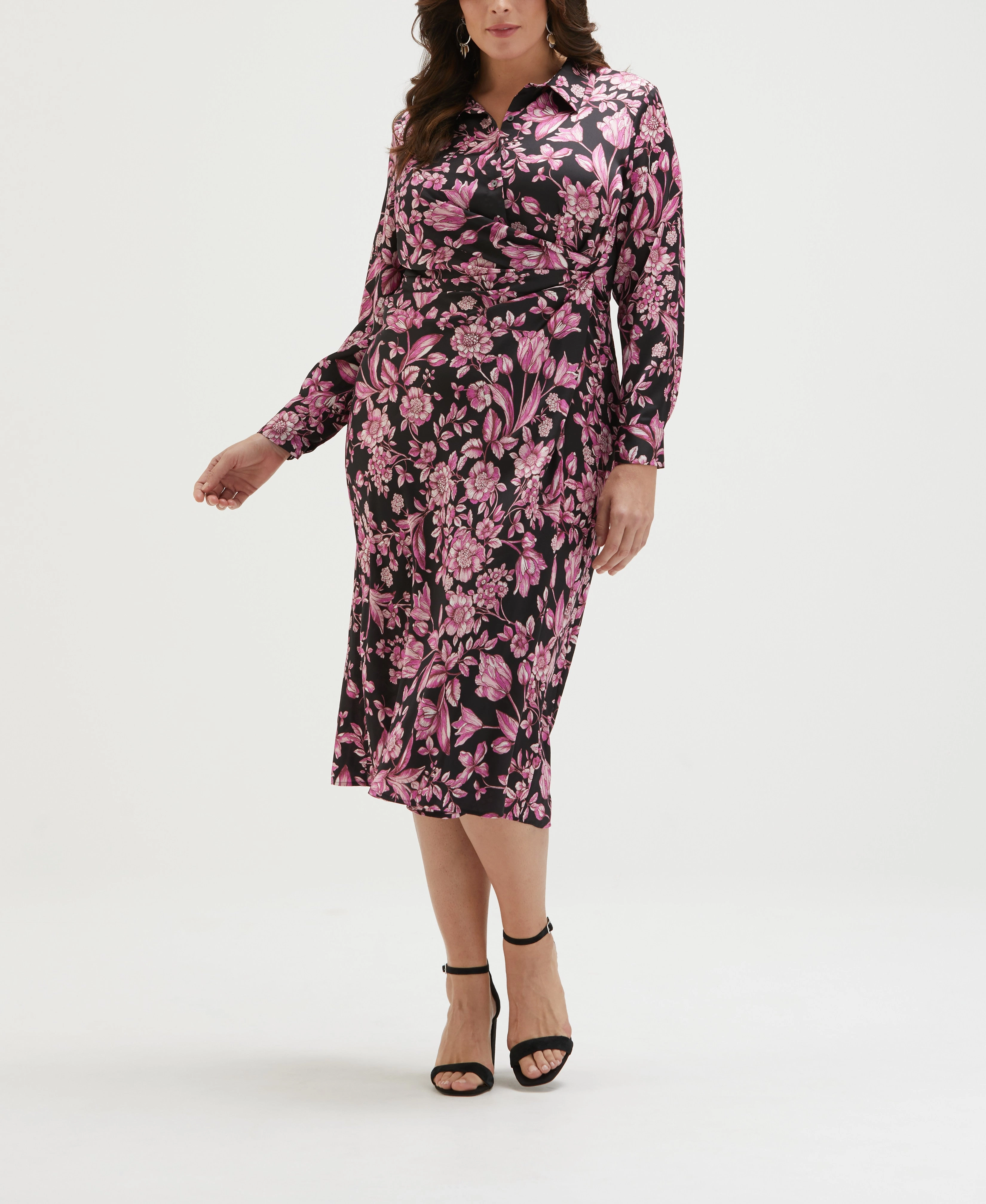 Plus Size Floral Print Gathered Popover Midi Dress Country View Soft Shape