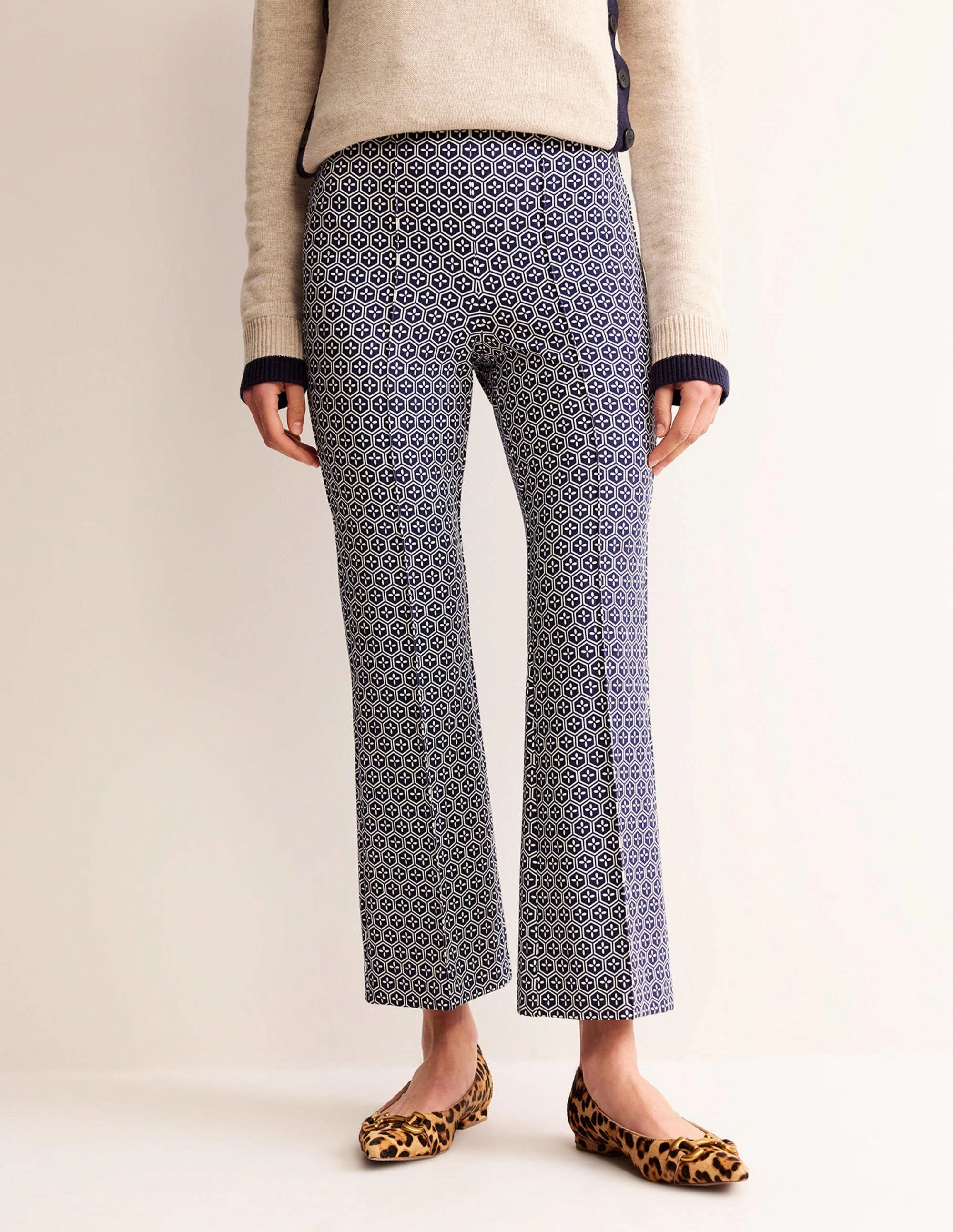 Hidden Zip Pockets Smart Wear Ponte Pull on Kick Flare-French Navy Geo