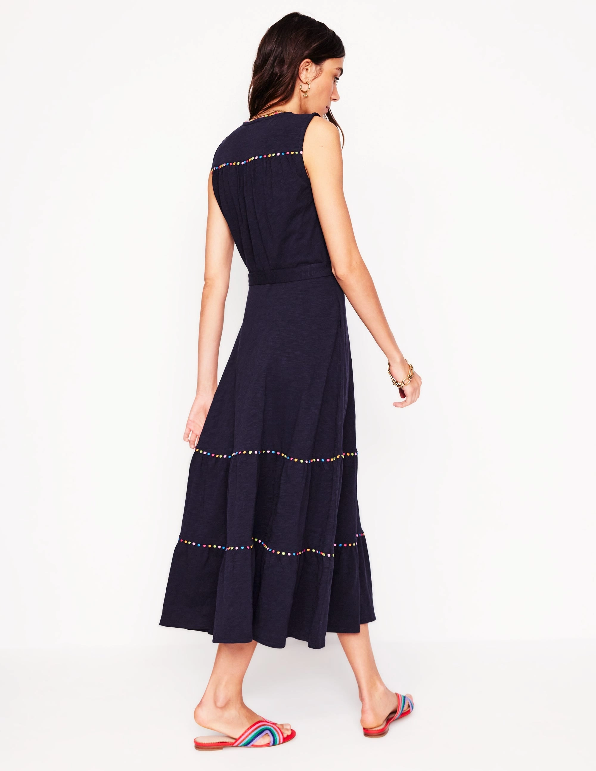 Tassel-Detail Timeless Look Wear Tara Trim Tiered Jersey Dress-Navy