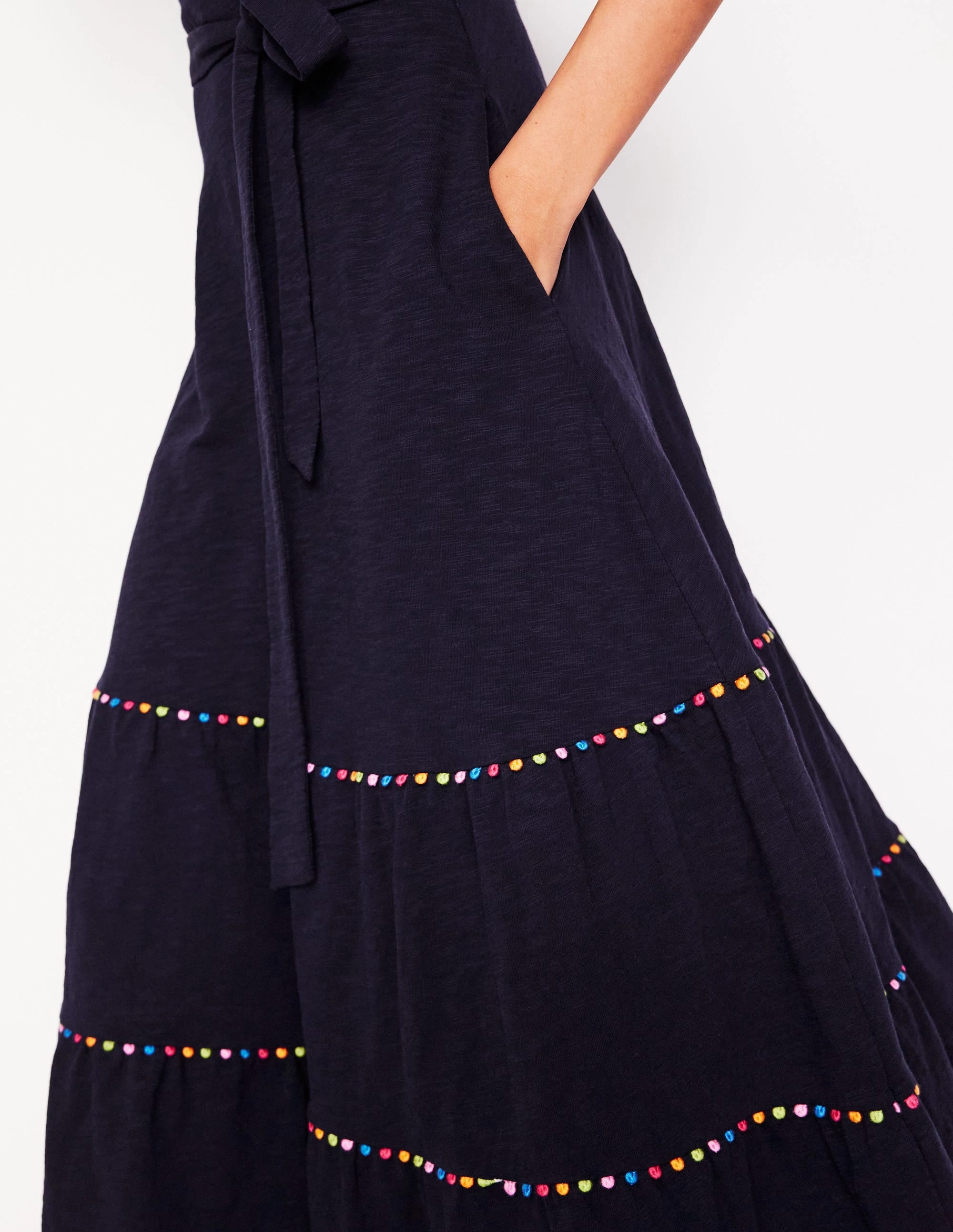 Feminine empire waist dress Tara Trim Tiered Jersey Dress-Navy