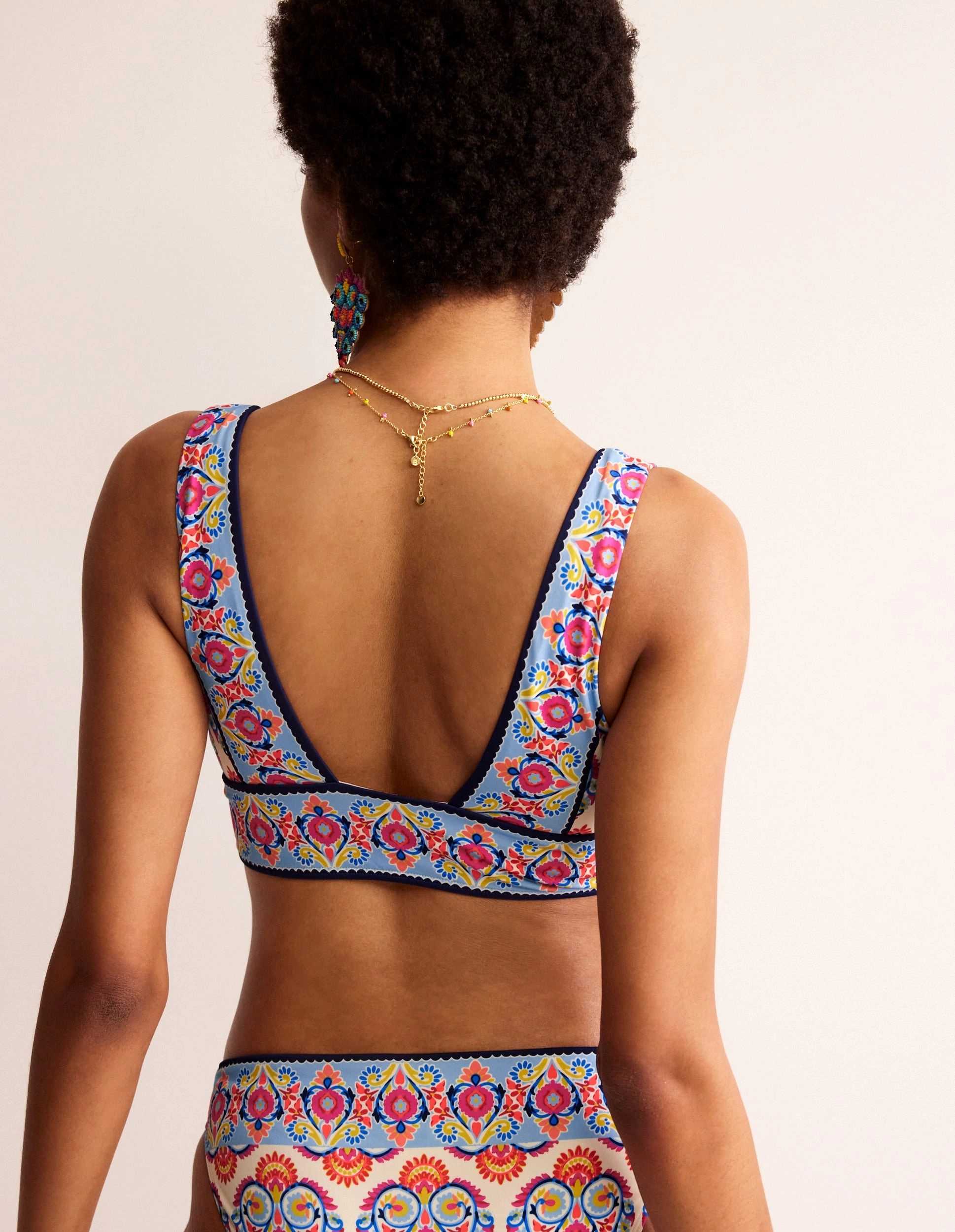 Matte-Appearance Durable Material Porto Bikini Top-Ivory, Flora Stamp