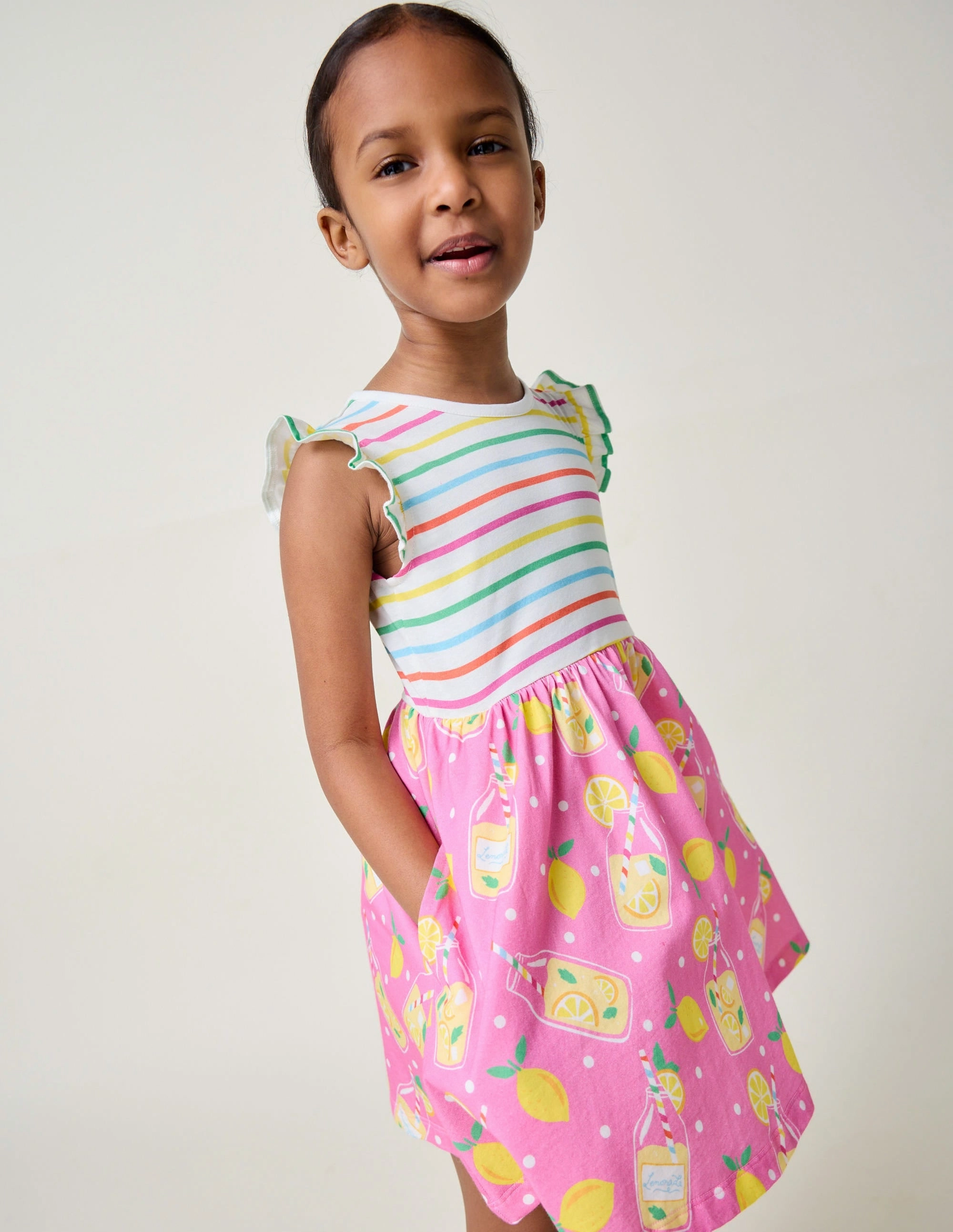 Posie Frill Sleeve Dress-Chalk Pink Lemonade Golden Scene