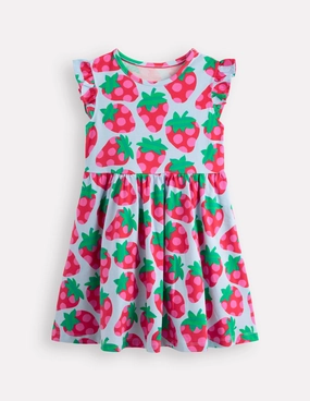 Posie Frill Sleeve Dress-Misty Blue Spotty Strawberry Balanced Light