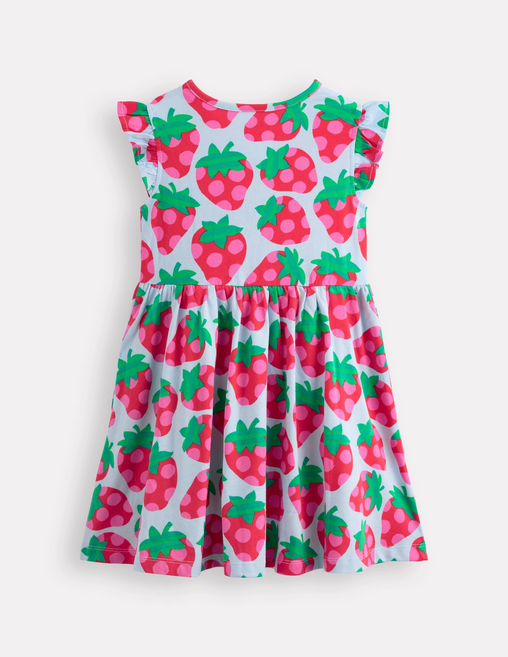 Cool Comfort Posie Frill Sleeve Dress-Misty Blue Spotty Strawberry