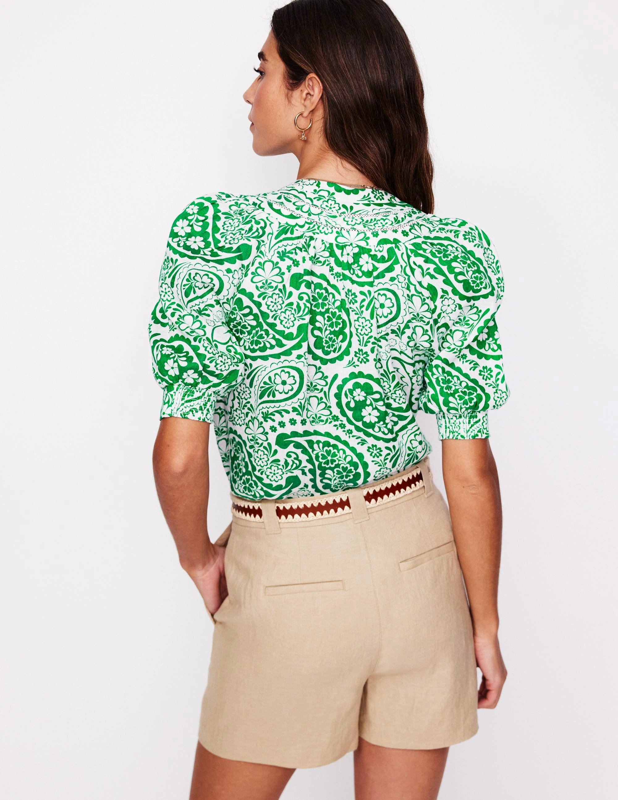 Fashionable Look Bea Linen Top-Rich Emerald, Meadow Paisley