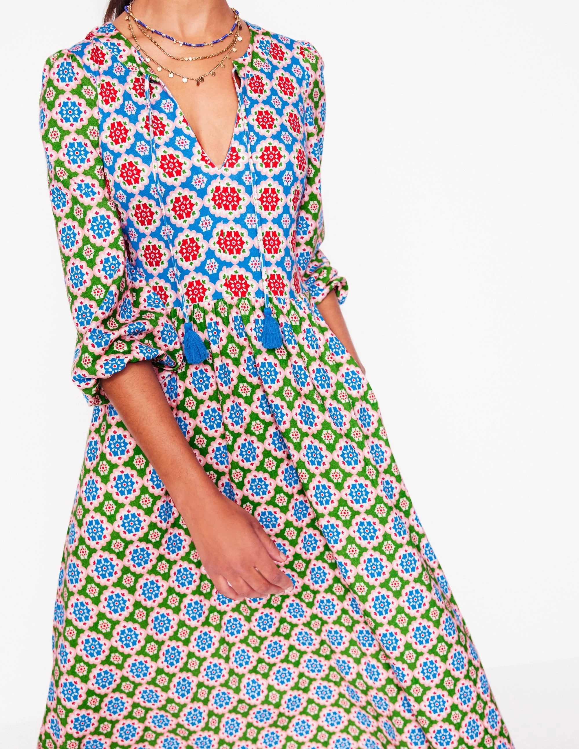 Notch Neck Midi Dress-Multi, Bloom Geo Chic Fit